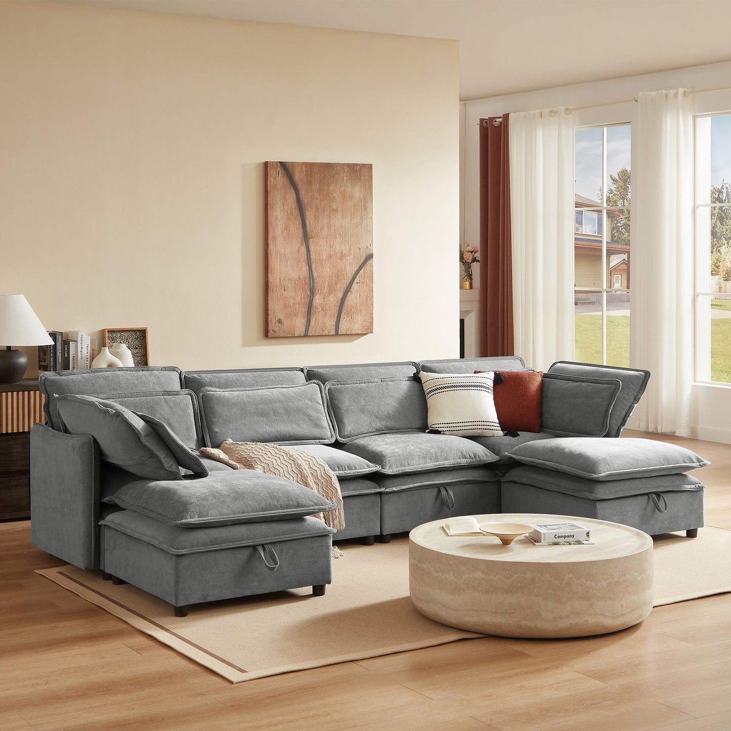 U_Style Double-Layer Cushion Modern Large U-Shaped Modular Sofa, Freely Combinable 6-Seater with Storage Function, Convertible to Sofa Bed, Perfect for Living Rooms, Offices, and Apartments