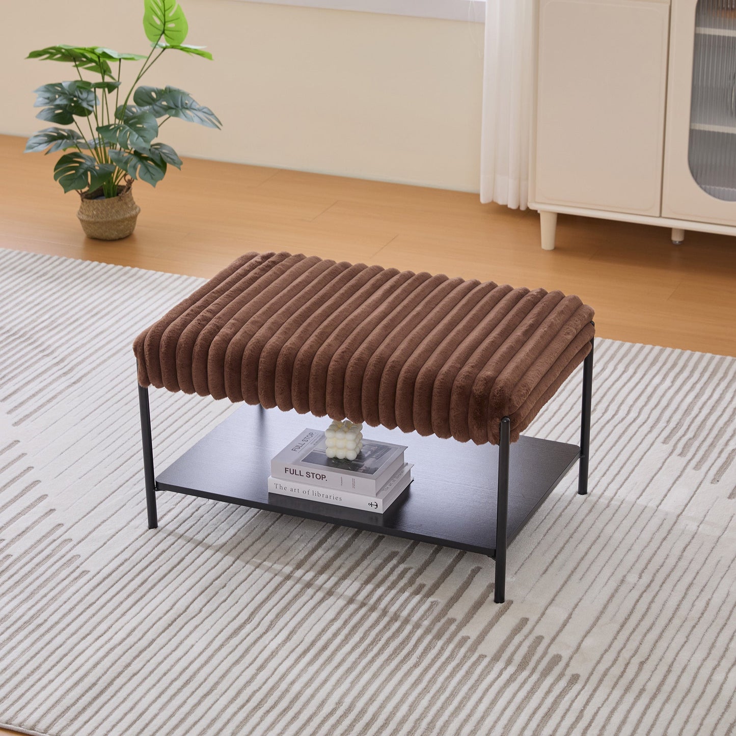 Upholstered Ottoman Coffee Table Foot Rest with Black Metal Legs and Wooden Storage, Faux Fur, Brown