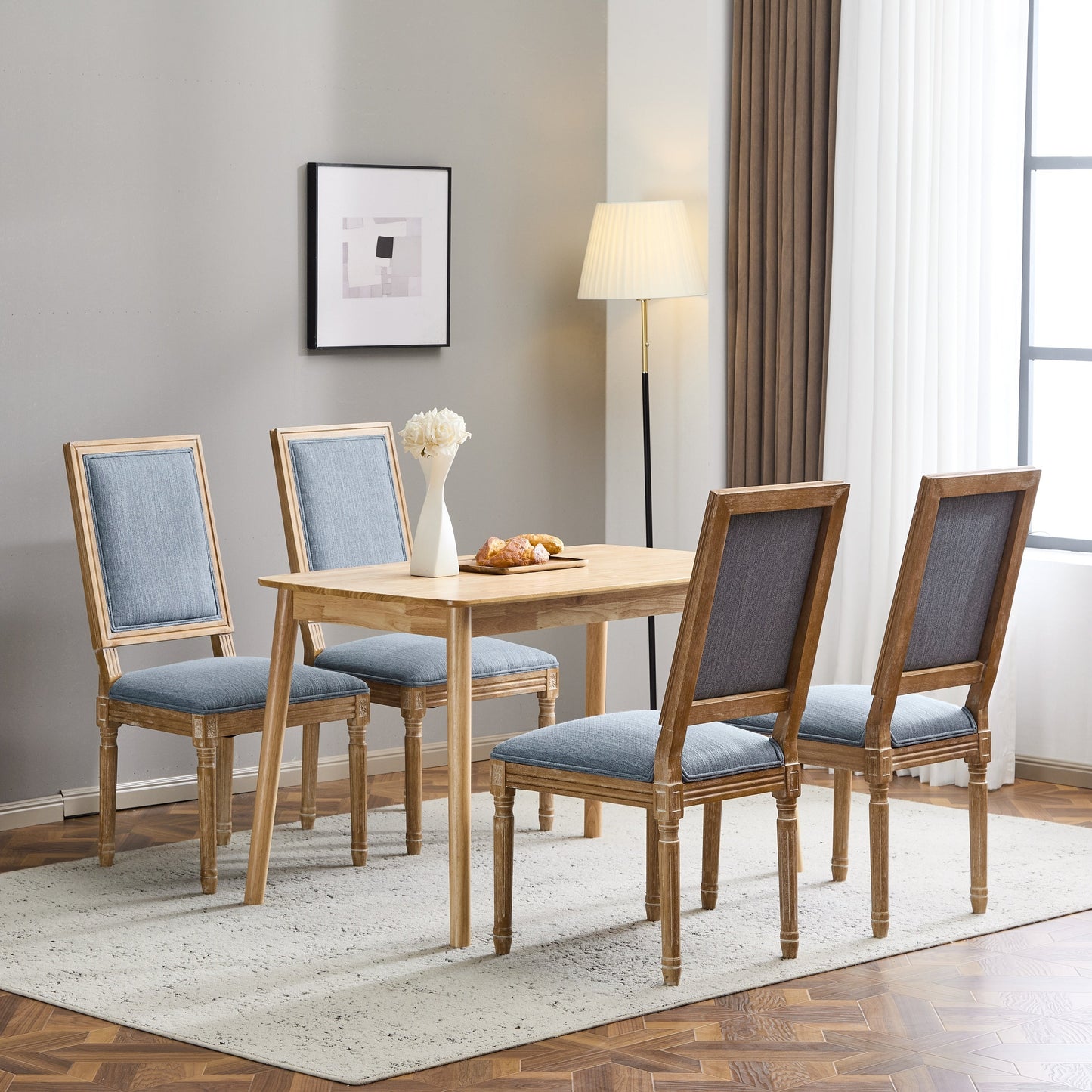 Vintage Inspired French Country Dining Chairs Set of 4 with Cane Backrest & Upholstered Seats, Solid Rubberwood, Slate Blue