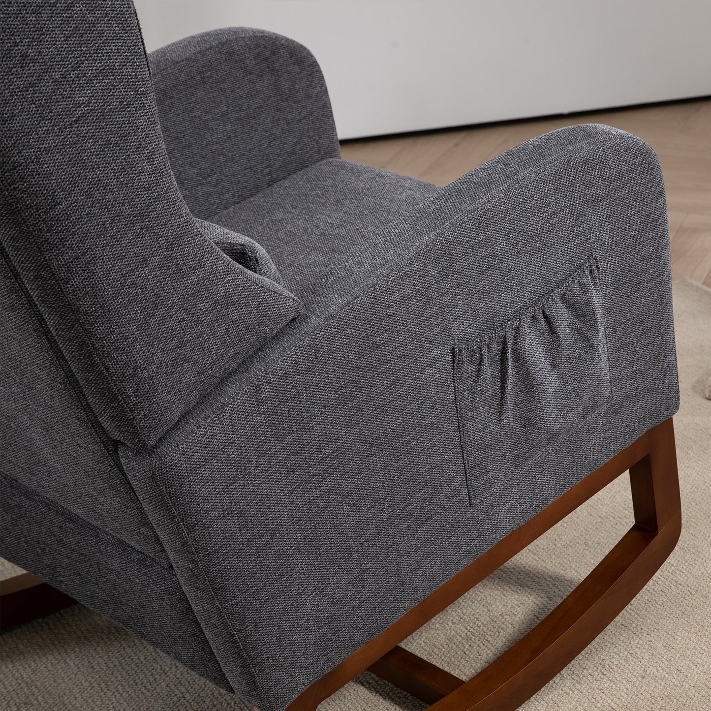 25.4'W Modern Rocking Chair for Nursery, Mid Century Accent Arm Rocker With Retractable Footrest, Side Pocket, Comfy Upholstered Wingback Wooden Glider Chair for Living Room Baby Kids Room. Charcoal