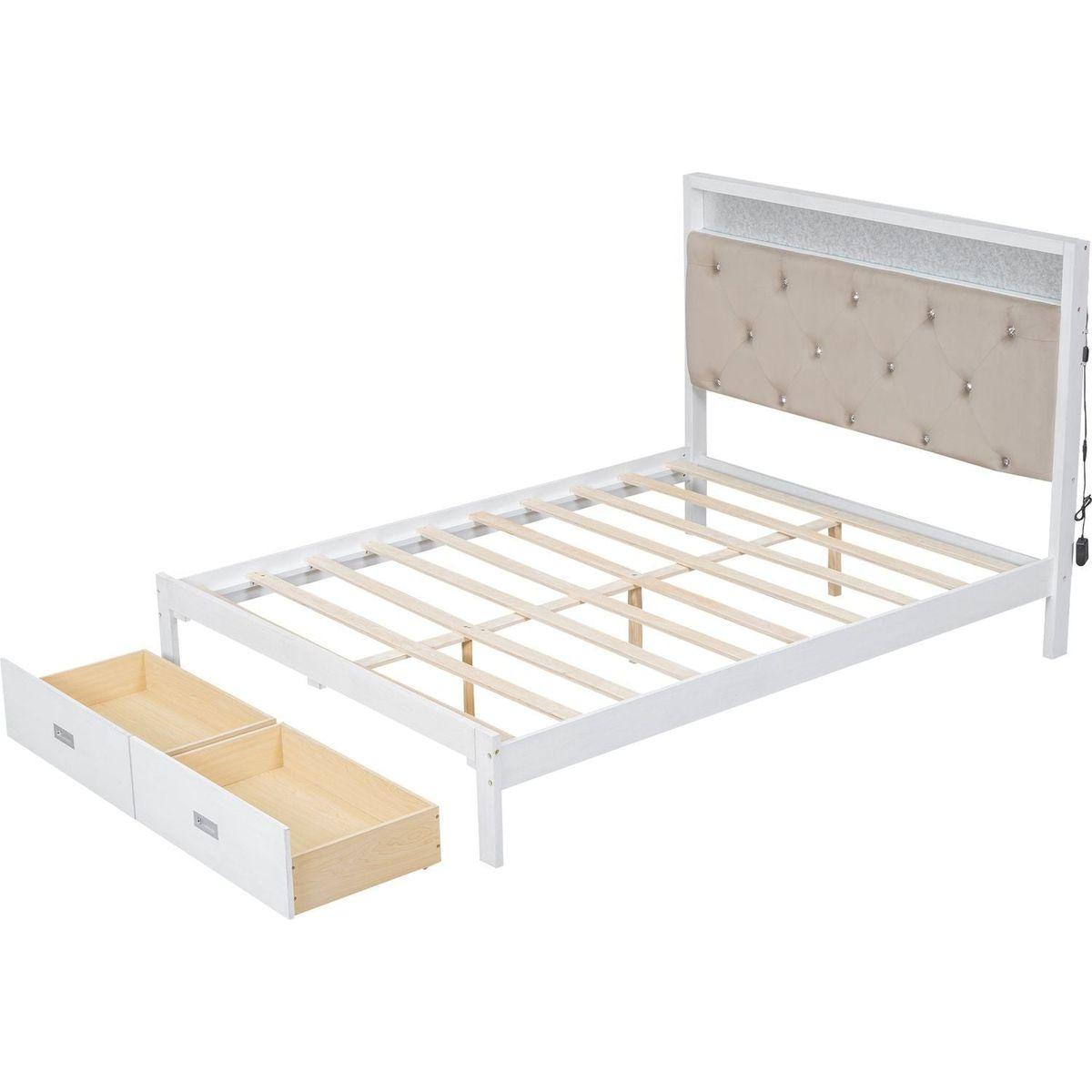 Wood Queen Size Platform Bed with Upholstered Headboard and LED and 2 Drawers, Antique White