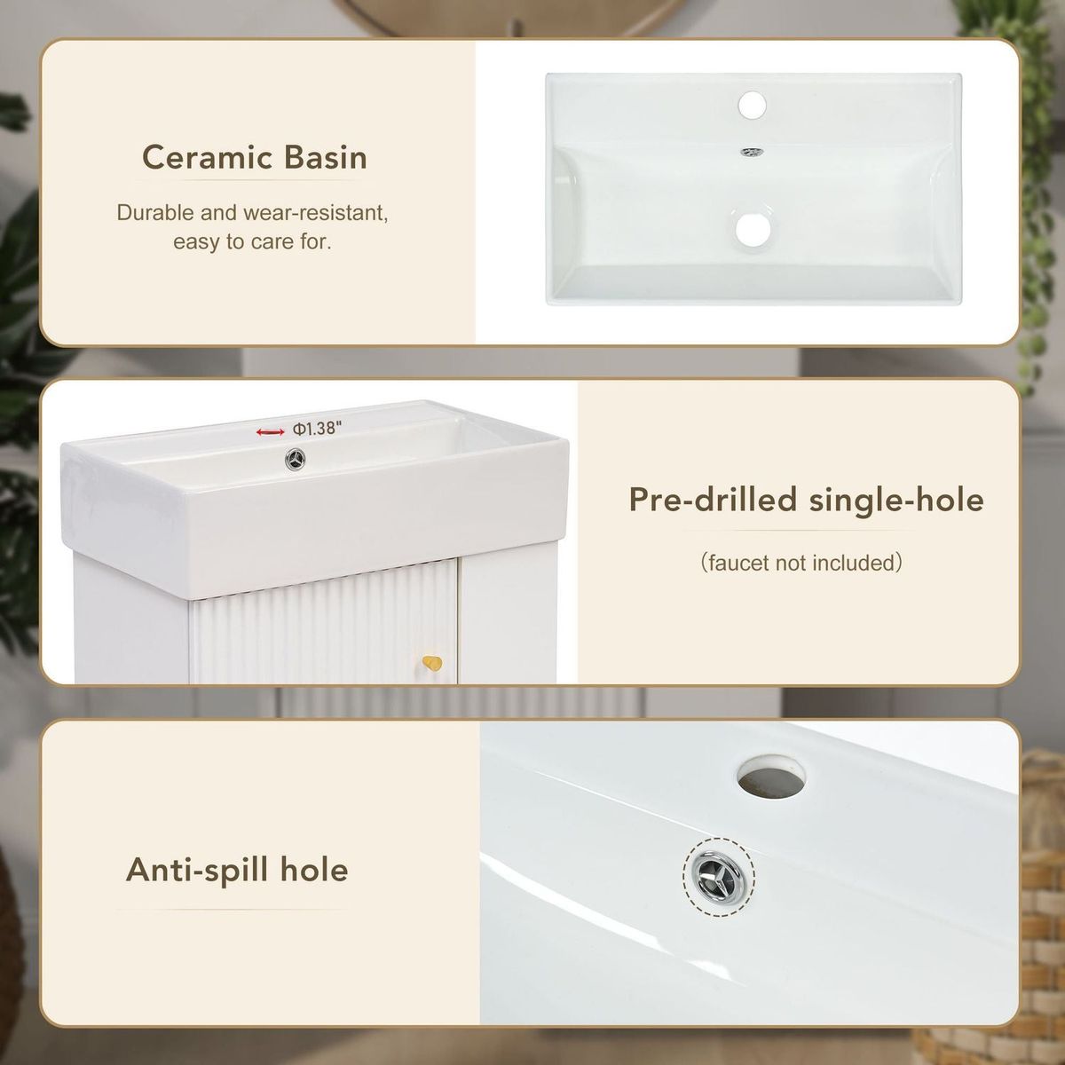 21.6inch Modern Floating Bathroom Vanity with Ceramic Basin - Perfect for Small Bathrooms, Right side storage