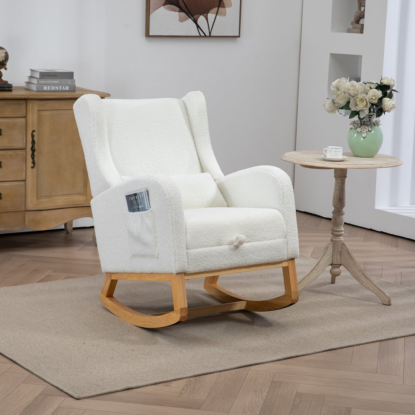 25.4'W Modern Rocking Chair for Nursery, Mid Century Accent Arm Rocker With Retractable Footrest, Side Pocket, Comfy Upholstered Wingback Wooden Glider Chair for Living Room Baby Kids Room. Ivory