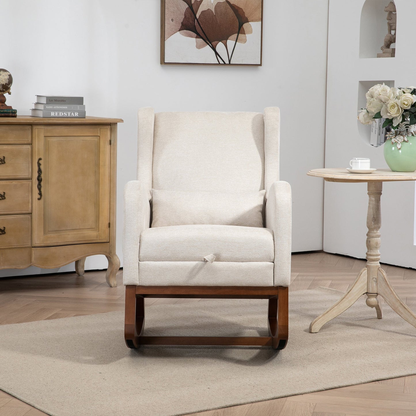 25.4'W Modern Rocking Chair for Nursery, Mid Century Accent Arm Rocker With Retractable Footrest, Side Pocket, Comfy Upholstered Wingback Wooden Glider Chair for Living Room Baby Kids Room. Beige