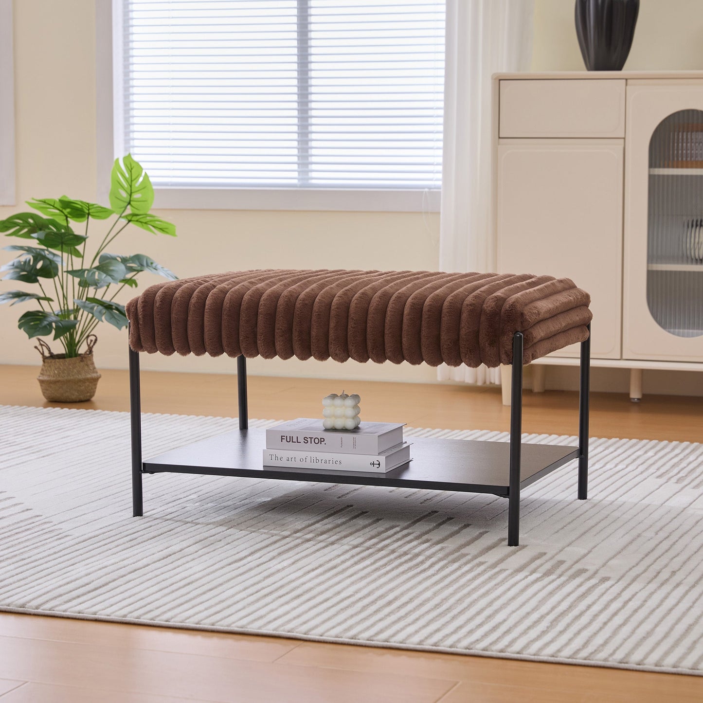 Upholstered Ottoman Coffee Table Foot Rest with Black Metal Legs and Wooden Storage, Faux Fur, Brown
