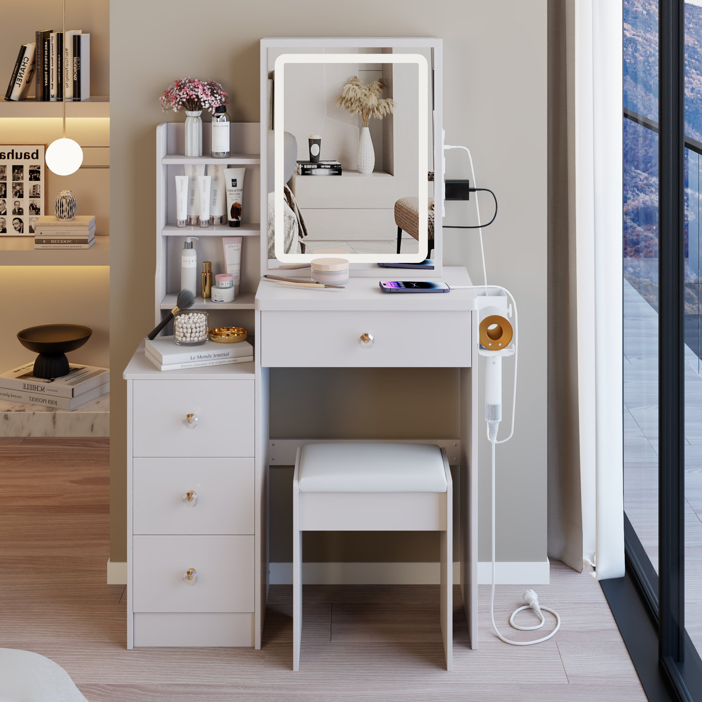 29.2' Small Size Left Bedside Cabinet Vanity Table + Cushioned Stool, 2 AC+2 USB Power Station, Hair dryer bracket, Extra Large Touch Control Sliding LED Mirror, Tri-color Switching, Brightness Adjust