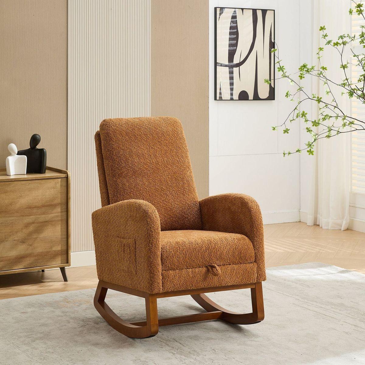 25.4"W Rocking Chair for Nursery, High Back Glider Chair with Retractable Footrest, Side Pocket, Rocking Accent Armchair with Rubber Wood Legs for Living Room/Bedroom.Caramel