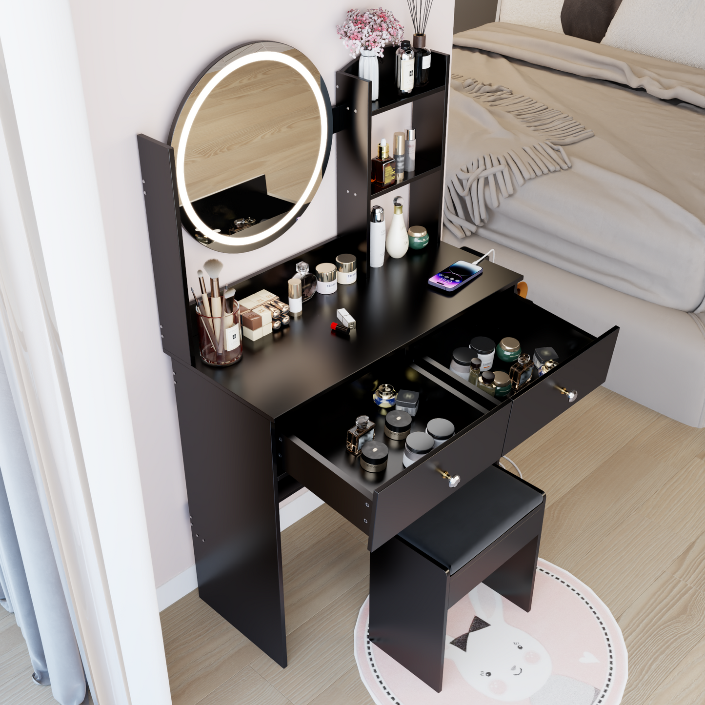 17' Round LED Mirror Vanity Table+Cushioned Stool, Equipped With 2 AC+2 USB Power Socket, Big Mirror, Touch Switch, 3 Colors, Adjustable Brightness, Large Desktop, Multi-layer High Capacity Storage