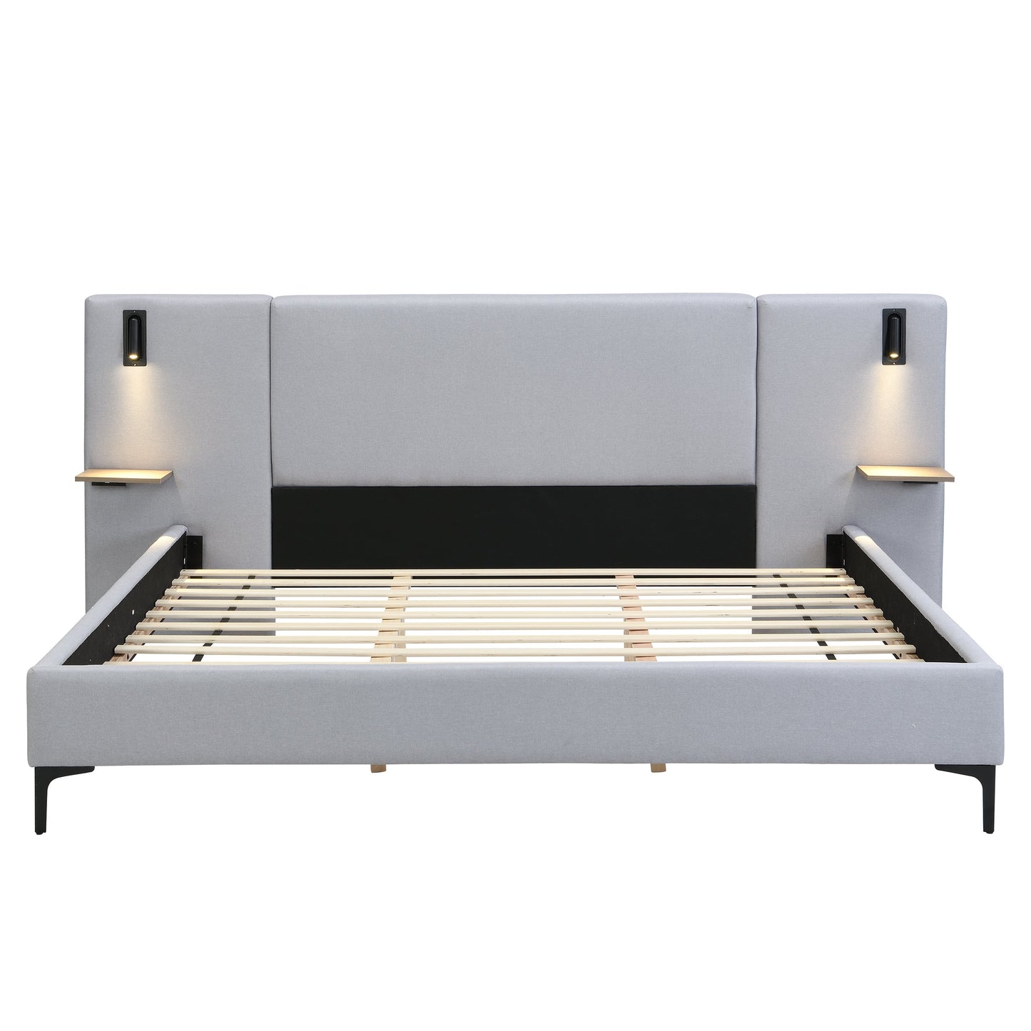 Chic Linen Upholstered Bed with Integrated Lights and Shelves, Grey, King