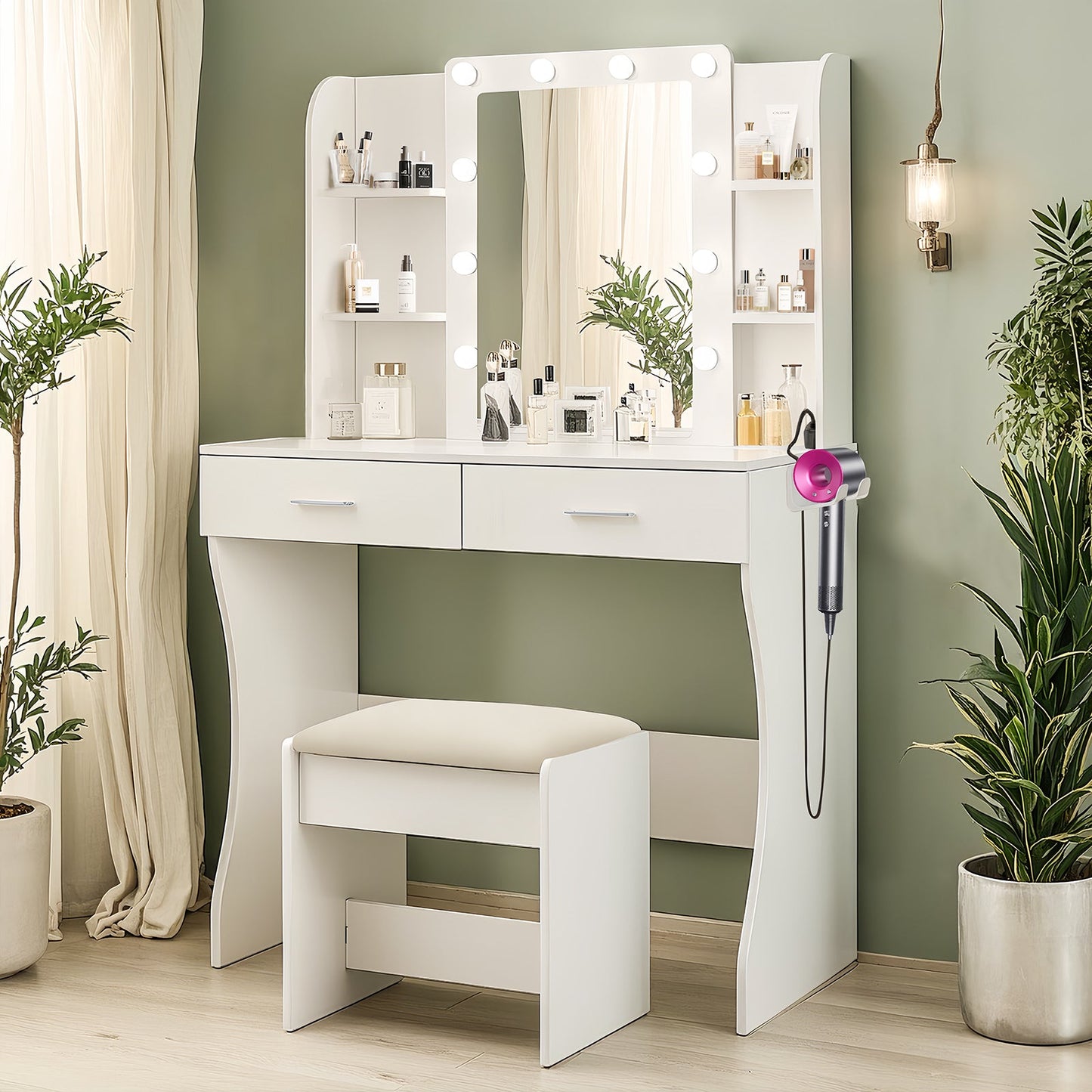 Vanity Desk Set with Mirror & Adjustable Lights, Power Outlet and Hair Dryer Rack, 2 Drawers and 6 Shelves, Includes Cushioned Stool, White MDF
