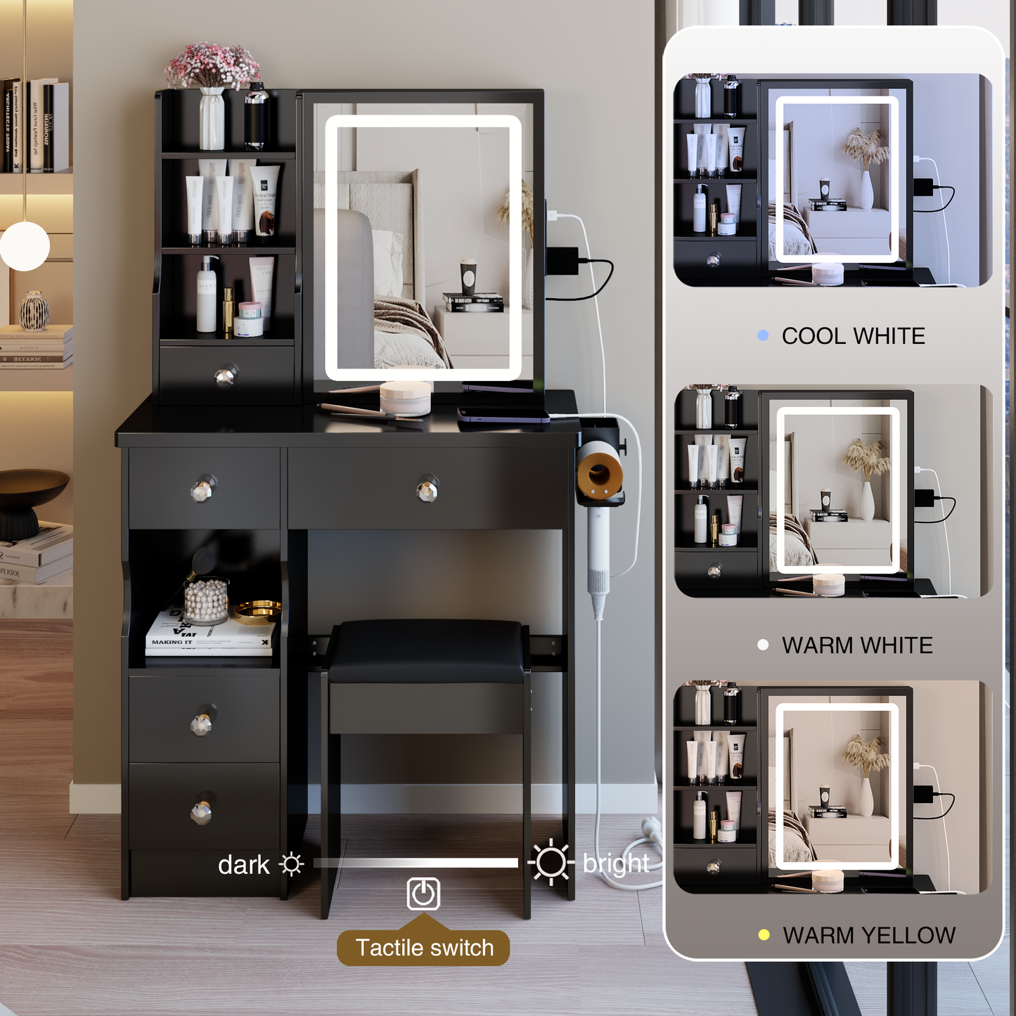 29.2' Small Size Left Drawer Desktop Vanity Table + Cushioned Stool, 2 AC+2 USB Power Station, Hair dryer bracket, Extra Large Touch Control Sliding LED Mirror, Tri-color Switching, Brightness Adjust