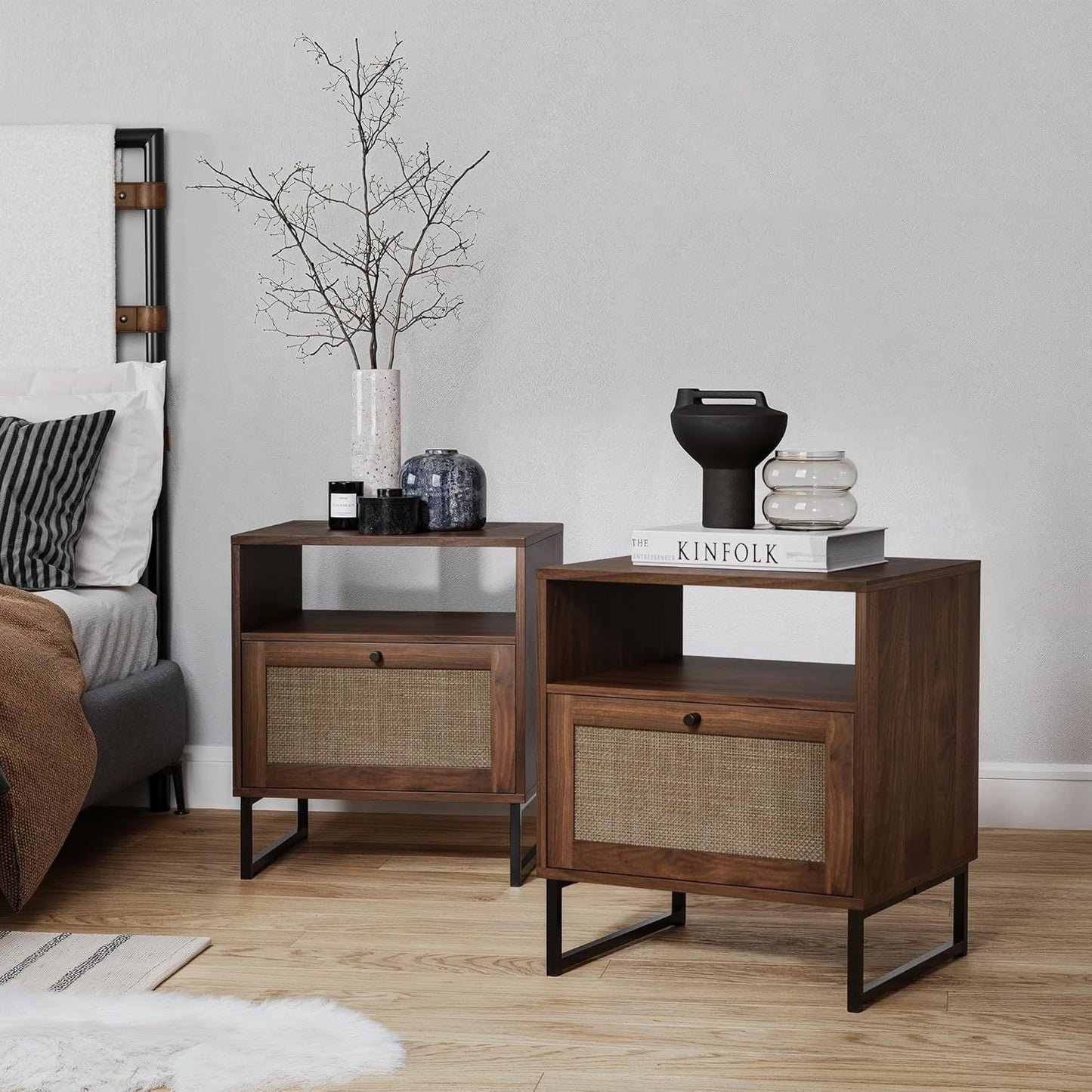 Wood End Side Accent Table with Storage for Living Room or Bedroom, grey - Set of 2