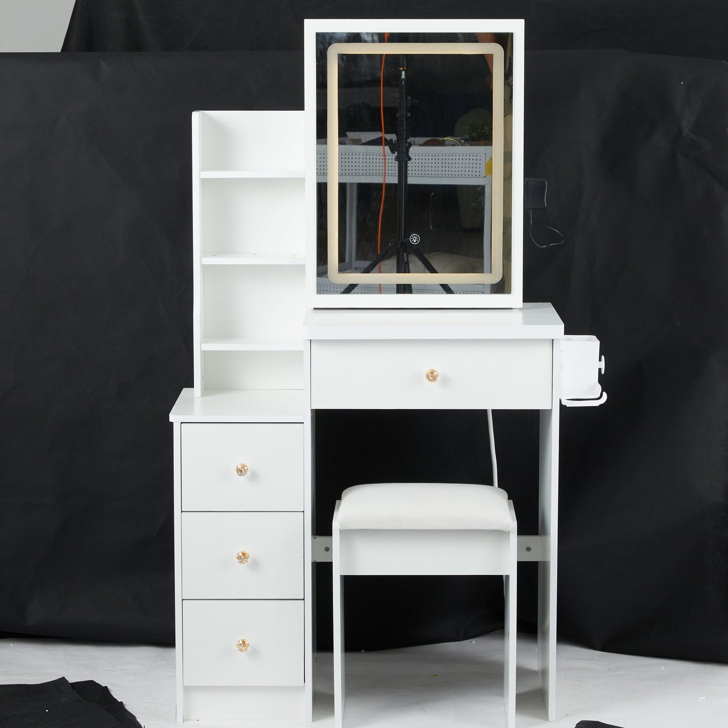 29.2' Small Size Left Bedside Cabinet Vanity Table + Cushioned Stool, 2 AC+2 USB Power Station, Hair dryer bracket, Extra Large Touch Control Sliding LED Mirror, Tri-color Switching, Brightness Adjust