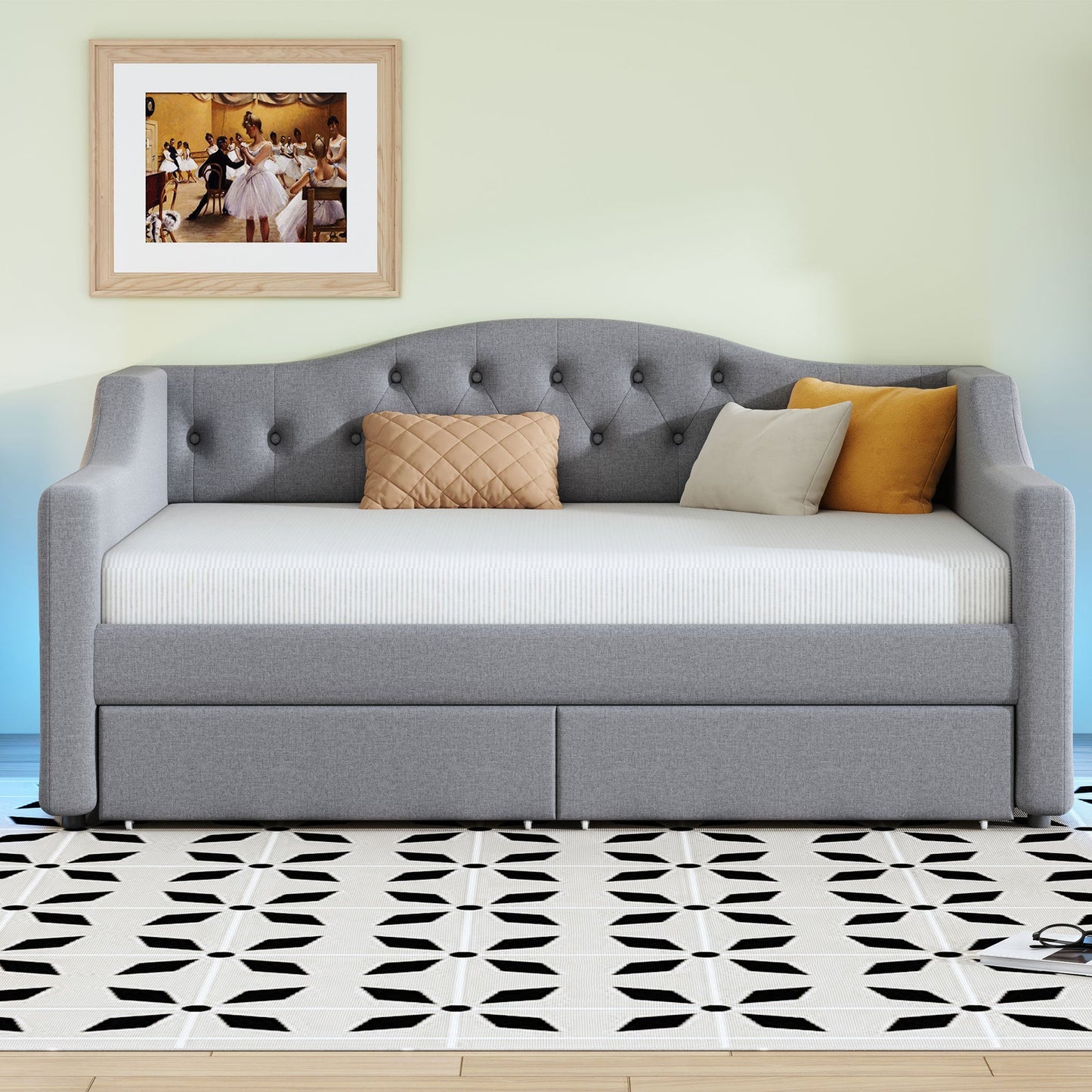 Elegant Upholstered Twin XL Daybed with LED Belt, 2 Drawers, Gray Linen Finish