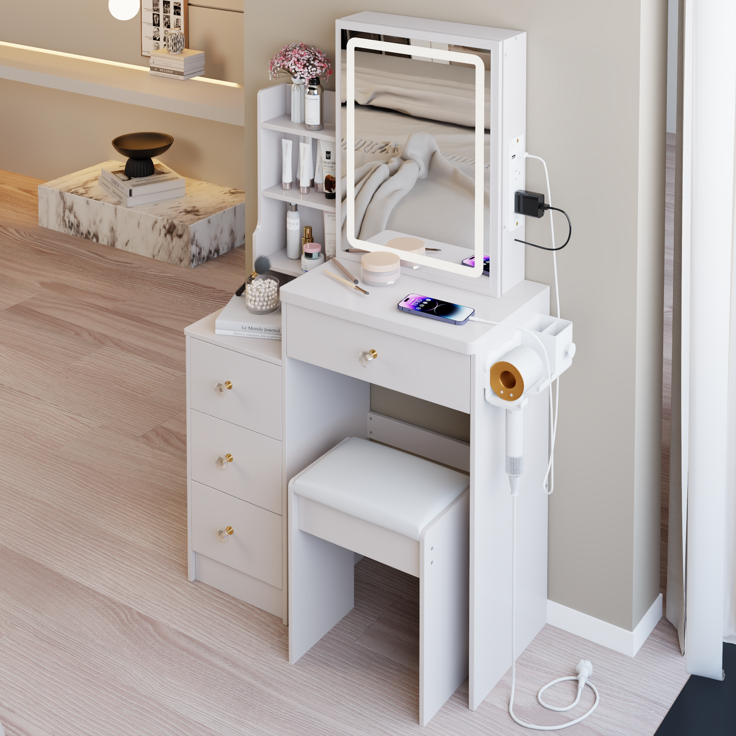 29.2' Small Size Left Bedside Cabinet Vanity Table + Cushioned Stool, 2 AC+2 USB Power Station, Hair dryer bracket, Extra Large Touch Control Sliding LED Mirror, Tri-color Switching, Brightness Adjust