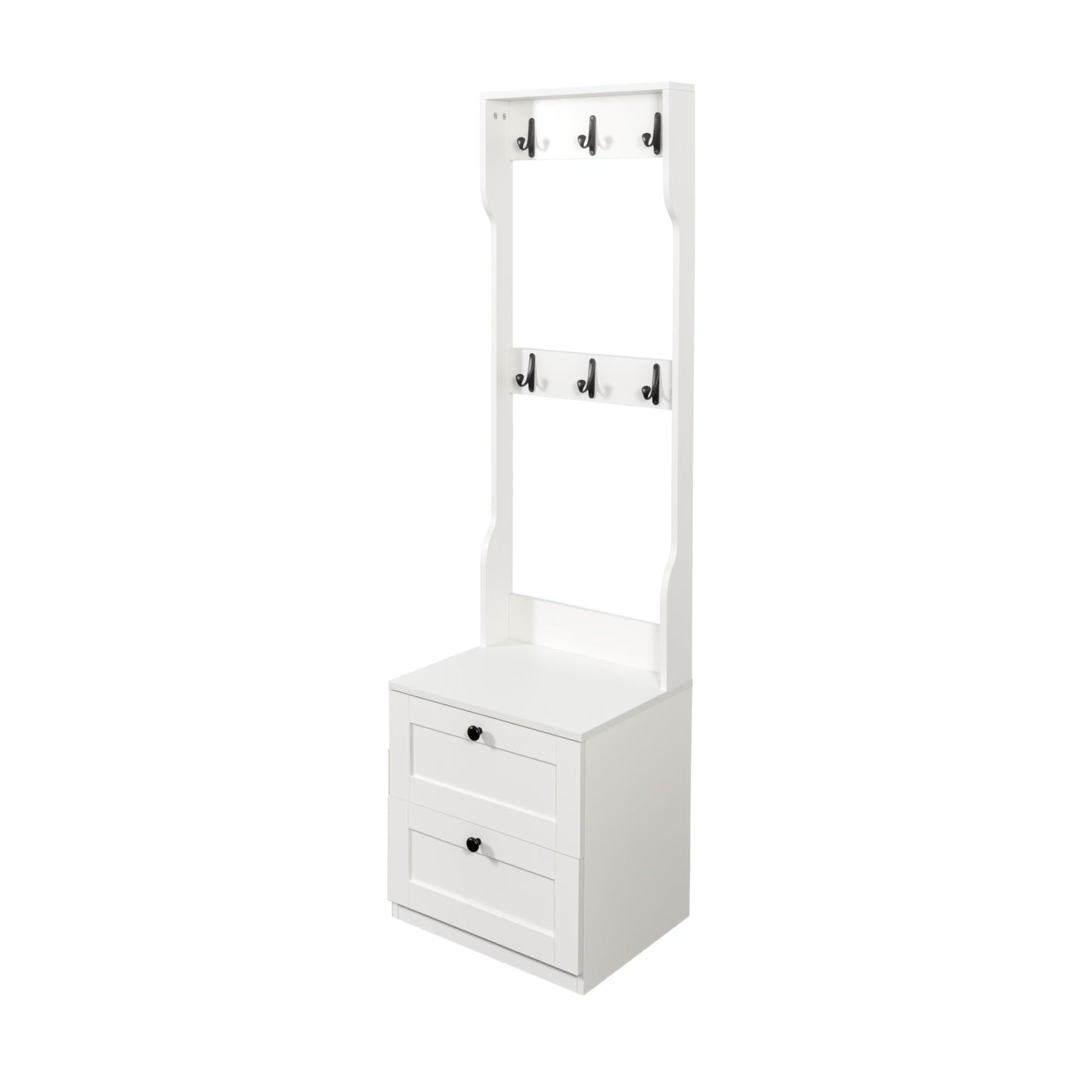 2-in-1 Coat Rack and Nightstand,Wood Bedside/Entryway Storage Organizer with Drawer & Hooks, Freestanding Clothes Hanger for Bedroom,Hallway