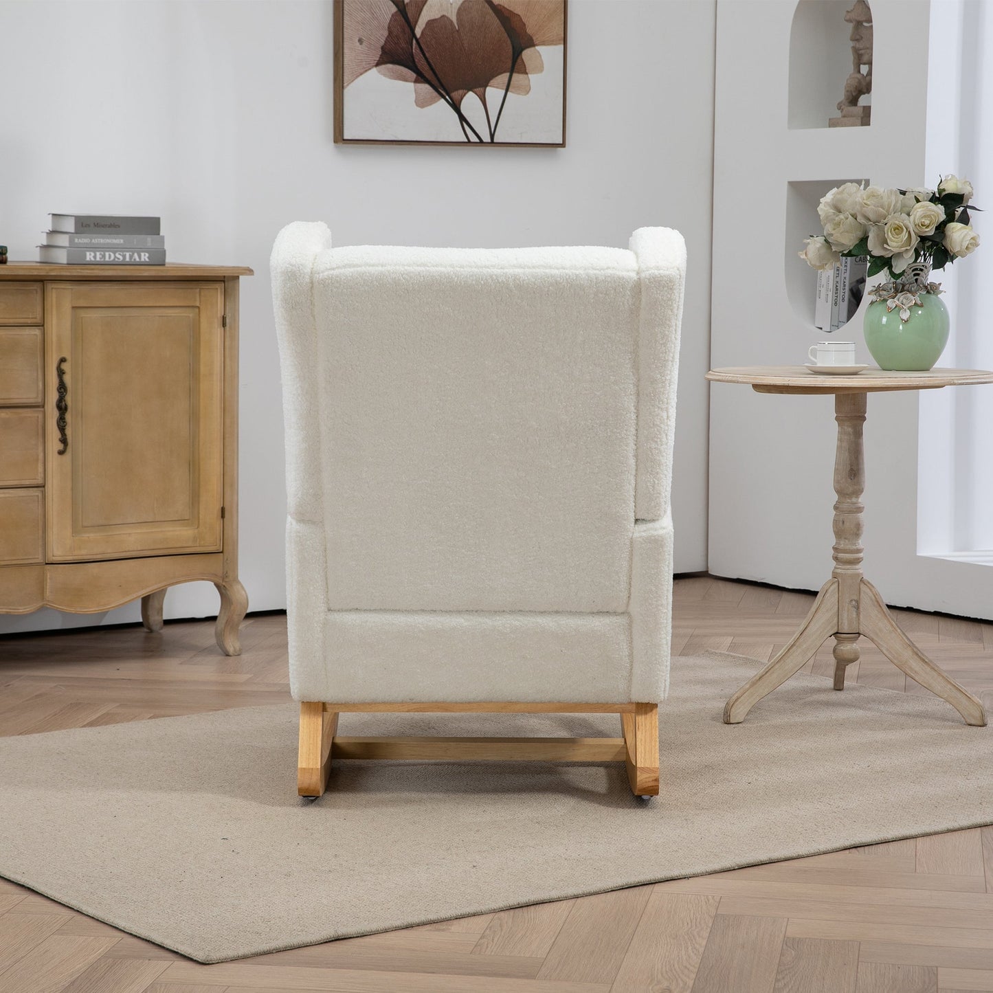 25.4'W Modern Rocking Chair for Nursery, Mid Century Accent Arm Rocker With Retractable Footrest, Side Pocket, Comfy Upholstered Wingback Wooden Glider Chair for Living Room Baby Kids Room. Ivory
