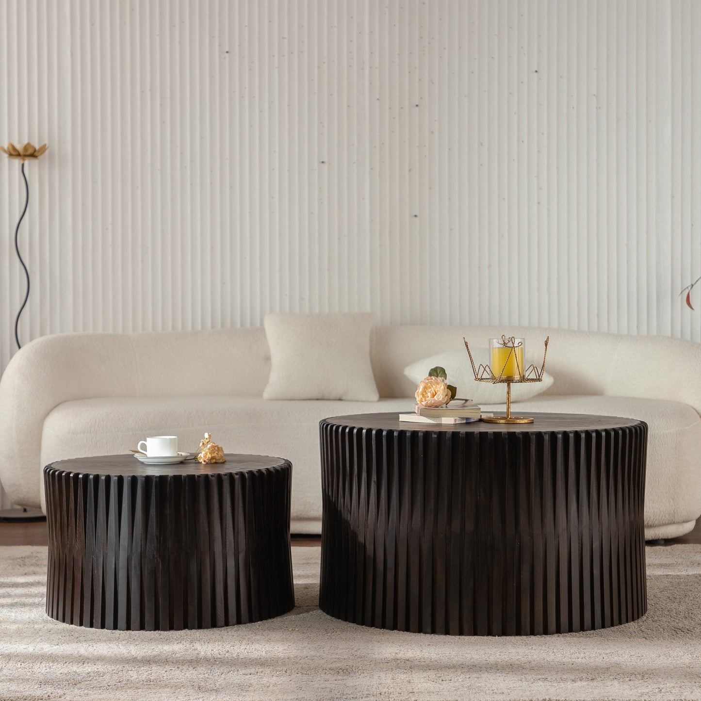 Vintage Fashion Style Cylindrical Nesting Coffee Table Set with Vertical Textured Embossed Design for Living Room, Office and Dining Room, Dark Brown (Set of 2)