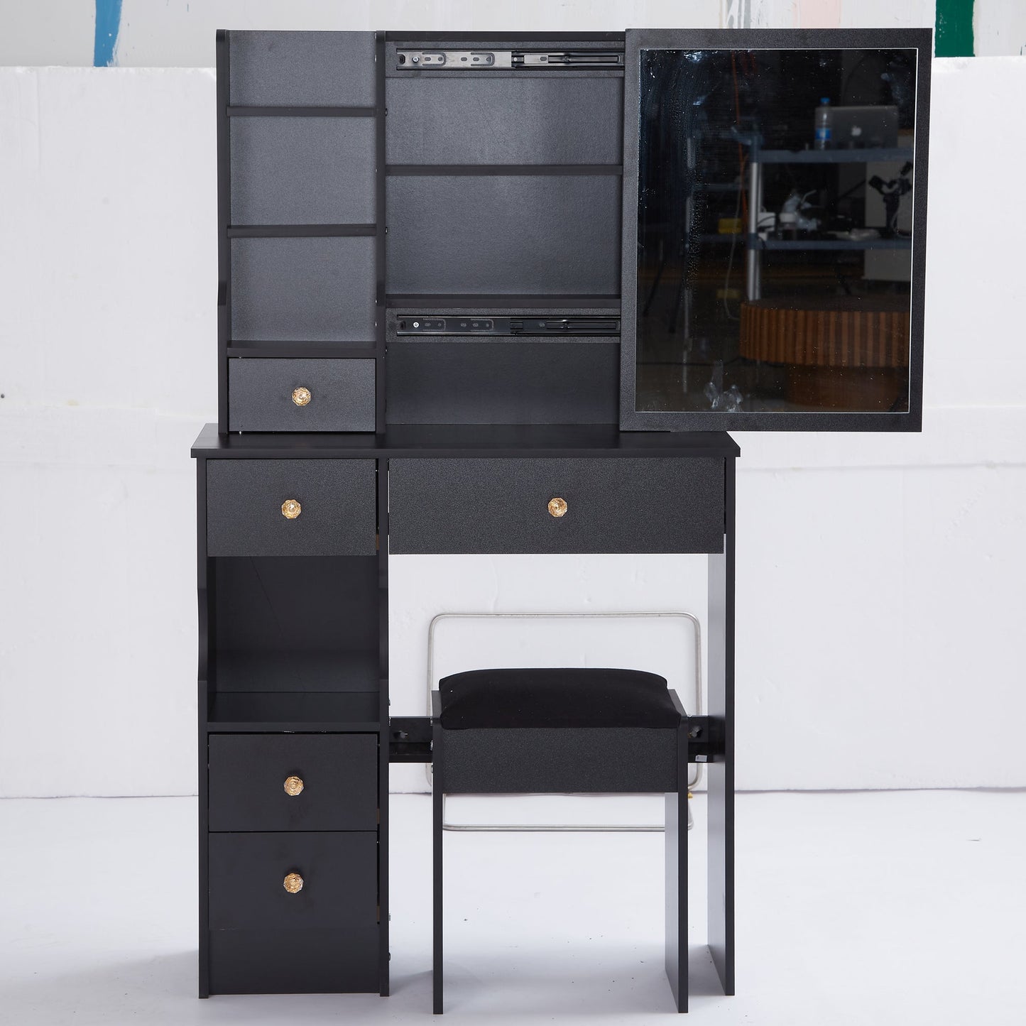 29.2' Small Size Left Drawer Desktop Vanity Table + Cushioned Stool, Extra Large Right sliding mirror, Multi Layer High Capacity Storage, Practical Fashionable Dresser, Suitable For Small Space