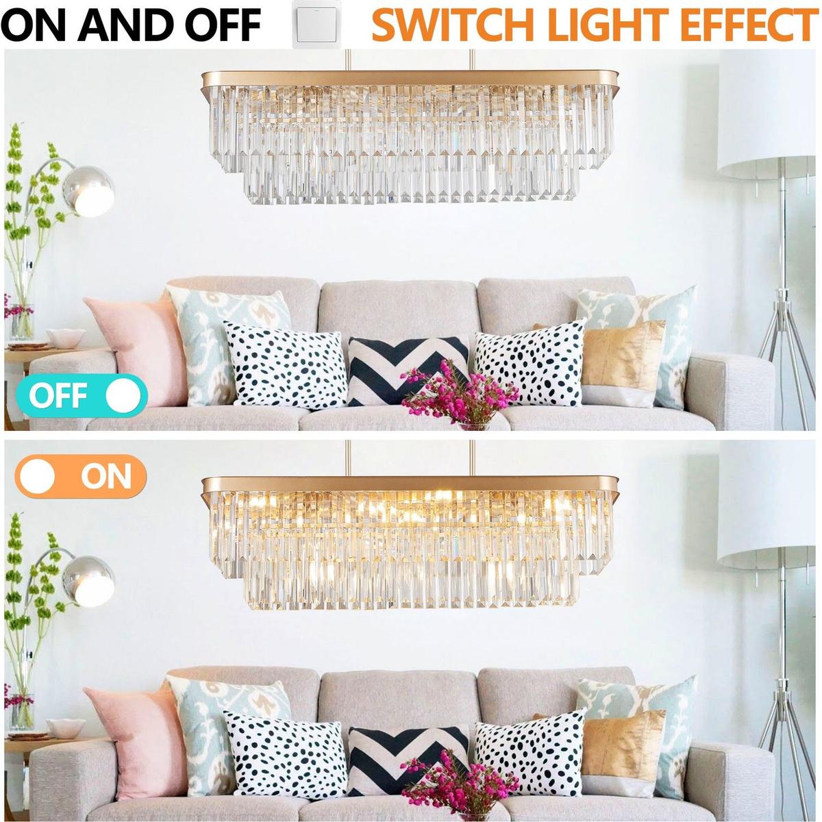 Chandeliers,Rectangular Crystal Chandelier Adjustable,E12 Modern Industrial Crystal Lights,Farmhouse Iron Ceiling Hanging Light for Kitchen Living Room Bedroom/Gold(Bulb Not Included)