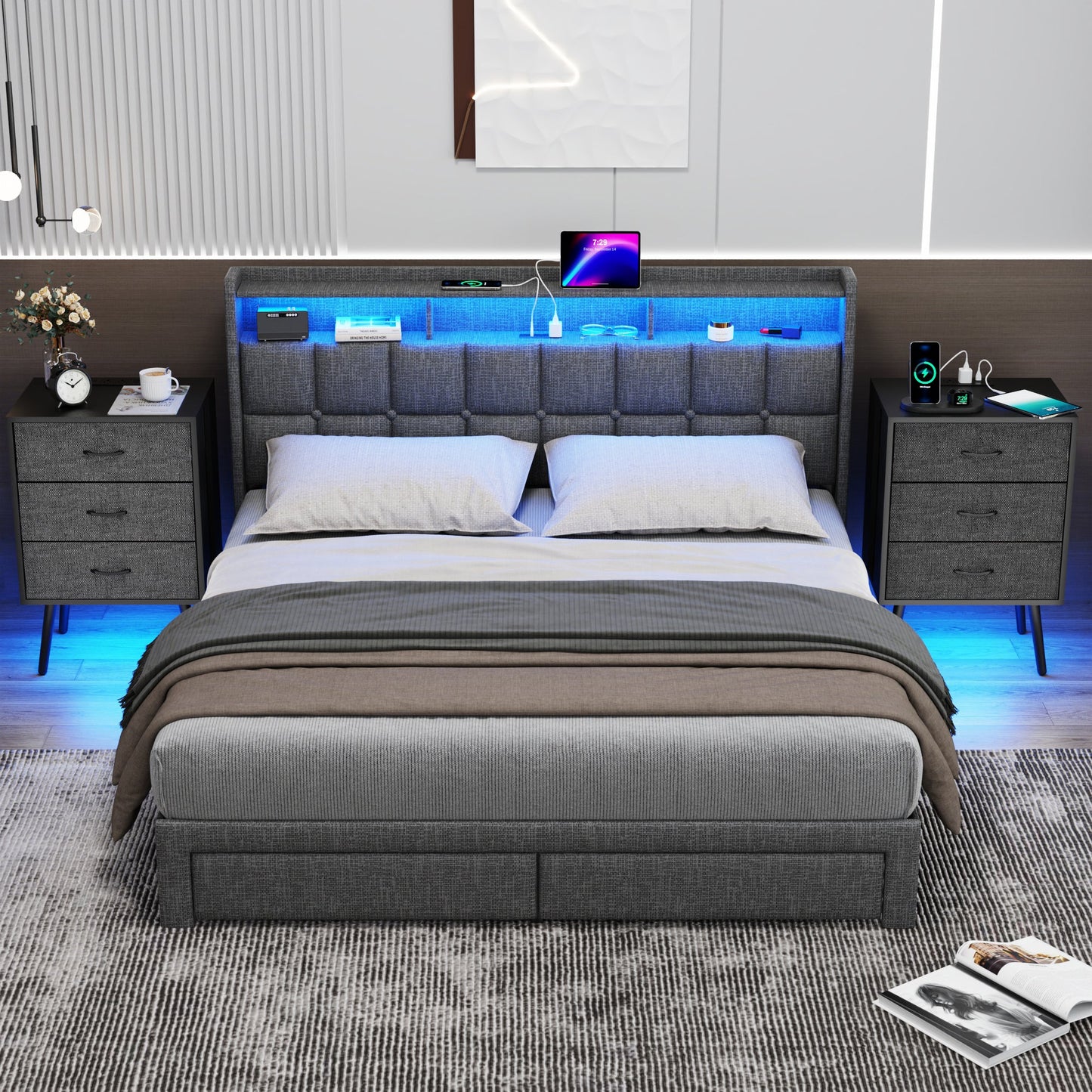 2 Pack Modern Nightstand with Charging Station, Bedside Tables with LED Light and Fabric Drawers