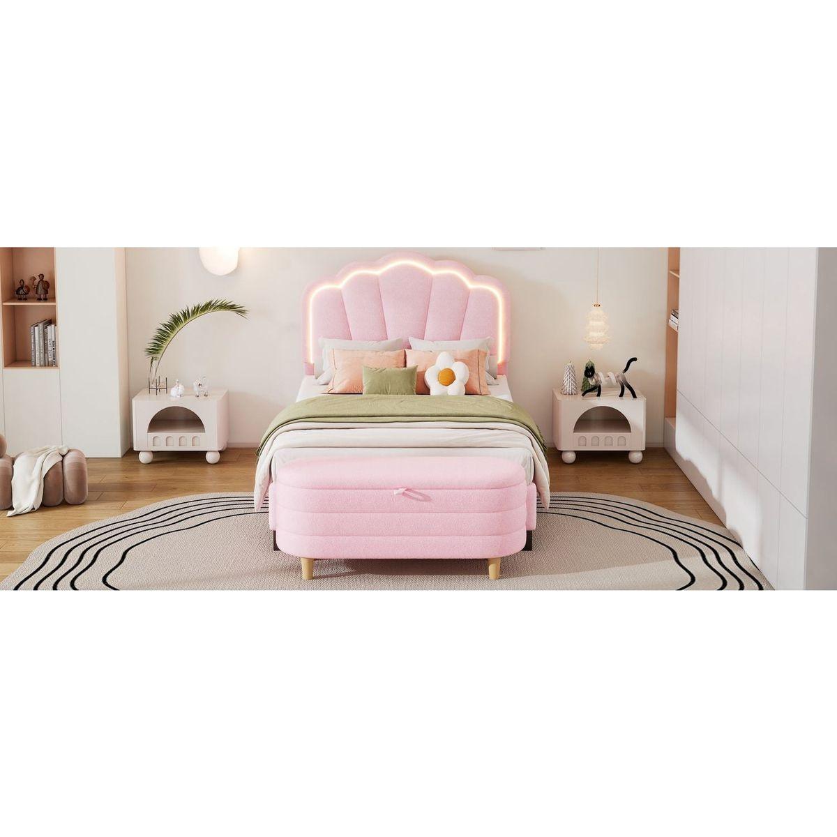 2-Pieces Bedroom Sets Twin Size Flower-Shaped Upholstered LED Platform Bed with Storage Ottoman-Sherpa Fabric, Pink