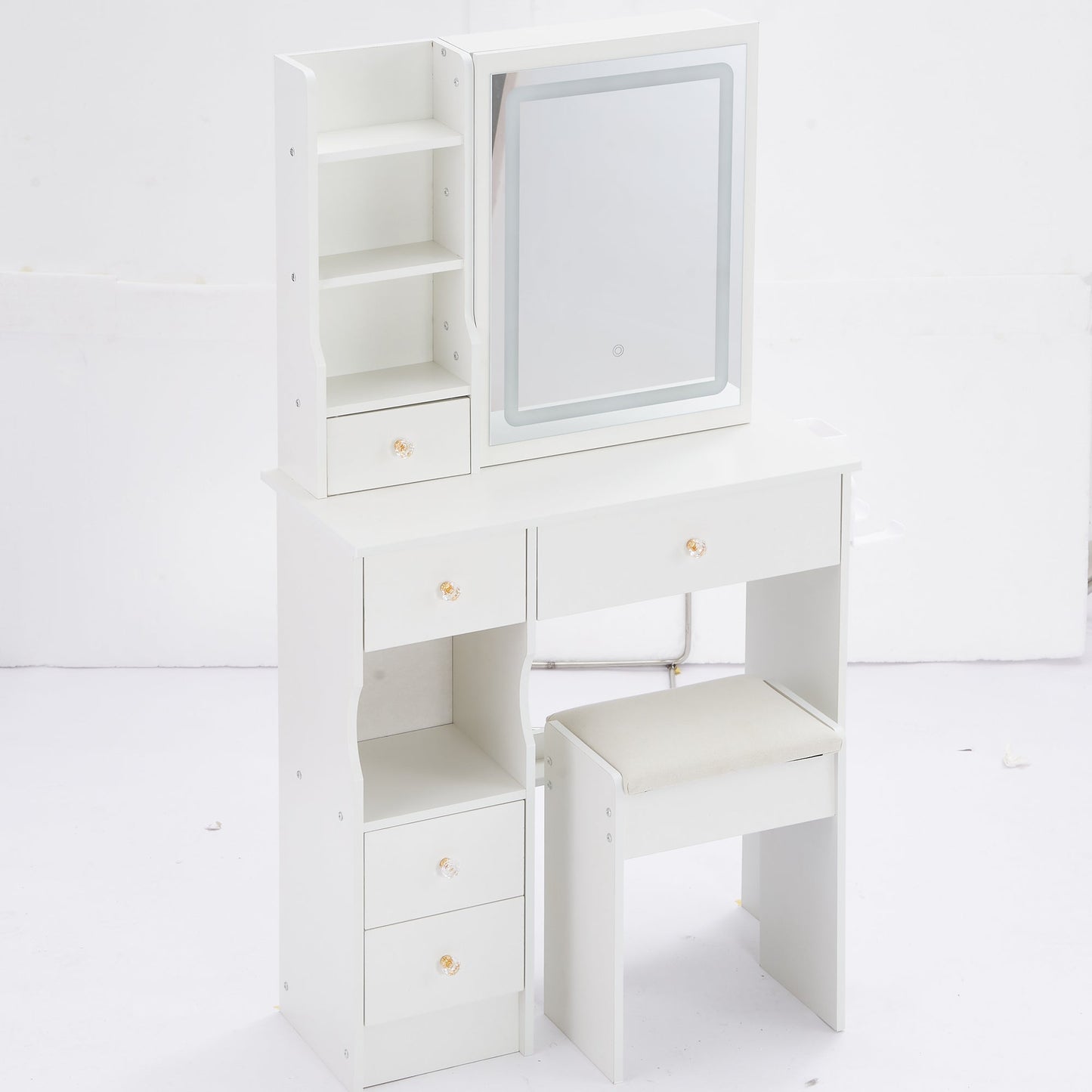 29.2' Small Size Left Drawer Desktop Vanity Table + Cushioned Stool, 2 AC+2 USB Power Station, Hair dryer bracket, Extra Large Touch Control Sliding LED Mirror, Tri-color Switching, Brightness Adjust