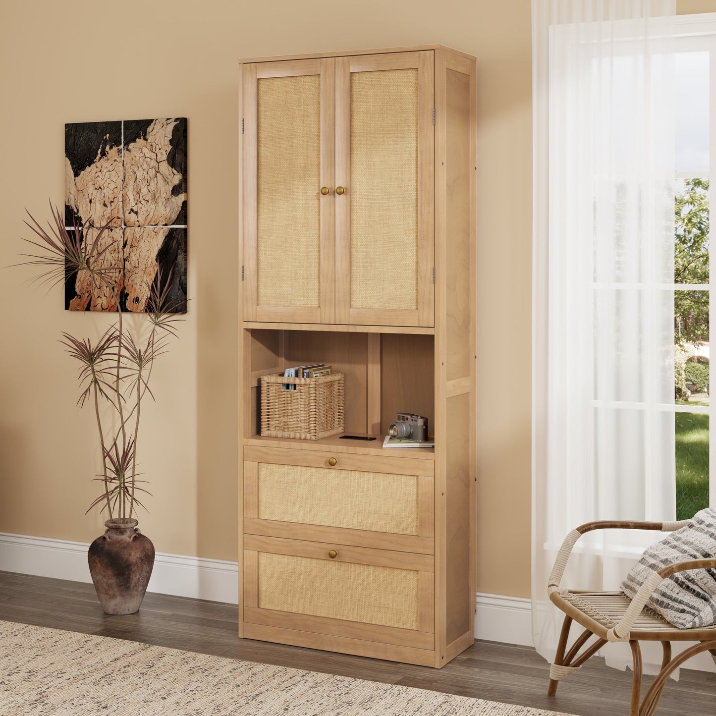 2 Doors Bookshelf with USB Port and 3 Drawers Side Cabinet Storage Shelves, Natural