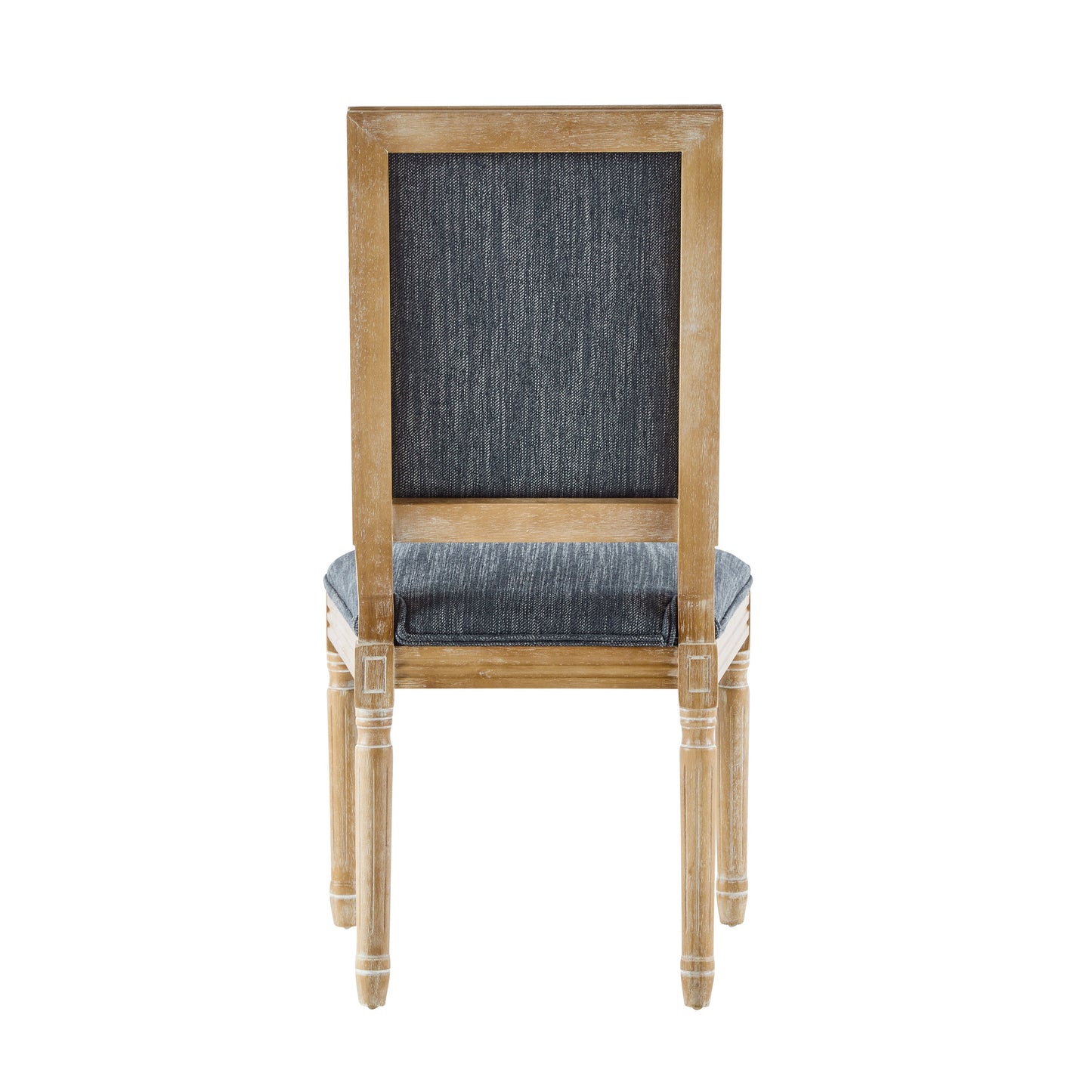 Vintage Inspired Set of 4 French Country Dining Chairs with Elegant Cane Backrest & Upholstered Seats in Rustic Weathered Blue Gray, Solid Rubberwood Frame