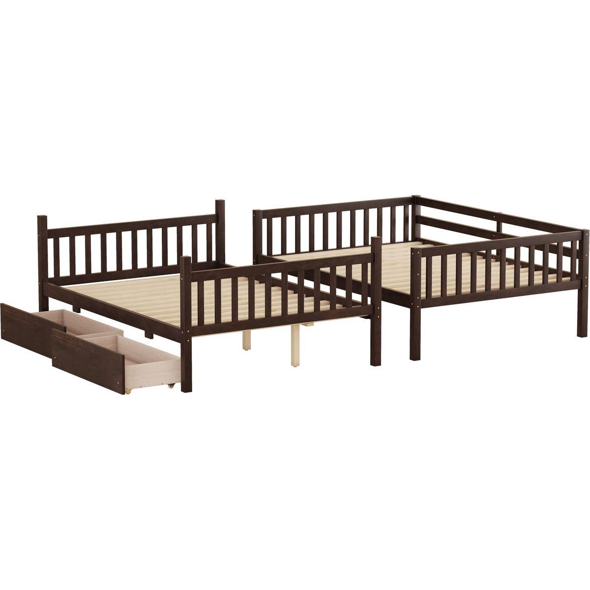full Over full Rubber Wood Bunk Bed with 2 Drawers, Convertible into 2 full Beds, full Size Bunk Bed with Ladder and Safety Guardrails ,Espresso