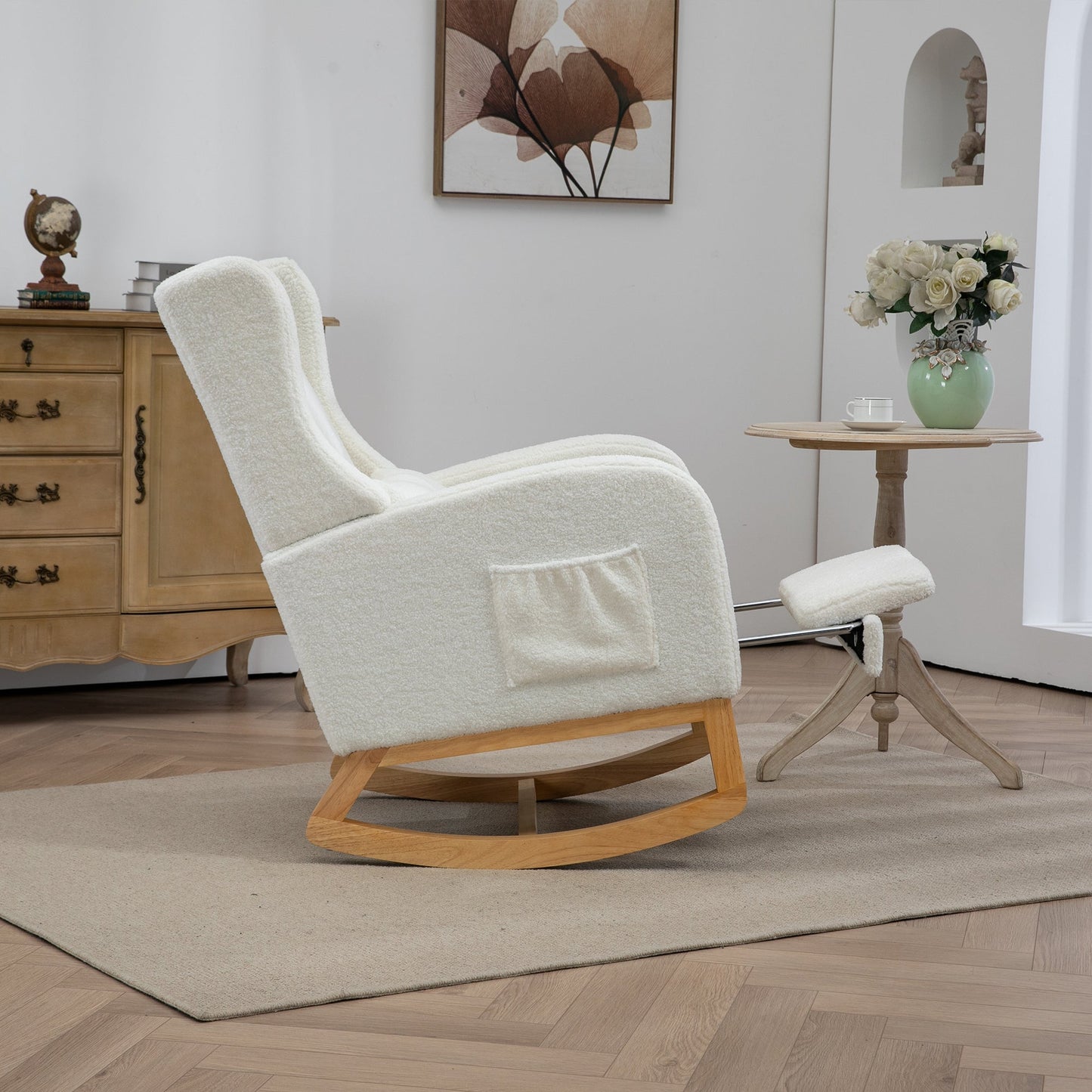 25.4'W Modern Rocking Chair for Nursery, Mid Century Accent Arm Rocker With Retractable Footrest, Side Pocket, Comfy Upholstered Wingback Wooden Glider Chair for Living Room Baby Kids Room. Ivory