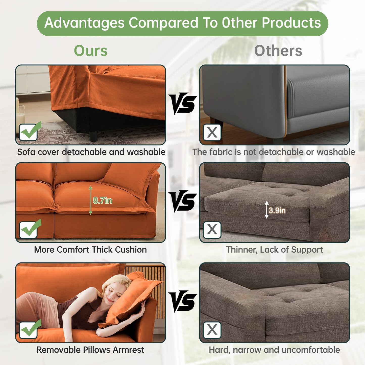 Upholstered Slipcovered Armchair with Ottoman, Deep Seat Armchair W/ Wide Ottoman for Living Room, Armchair Sets with Large Soft Pillows(Set of 2),Chenille Fabric,Orange