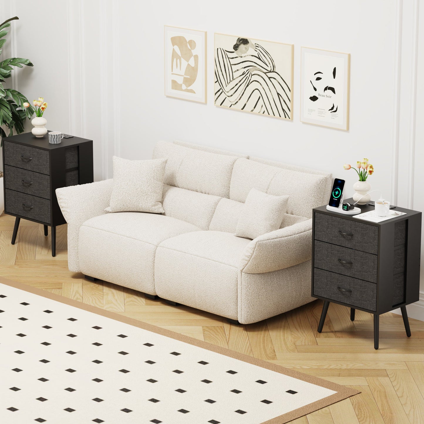 2 Pack Modern Nightstand with Charging Station, Bedside Tables with LED Light and Fabric Drawers