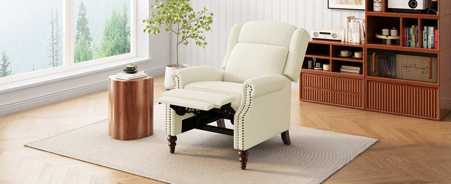 Upholstered Push Back Recliner Chair with Classic Wing Back, Beige Chenille, 29.75'