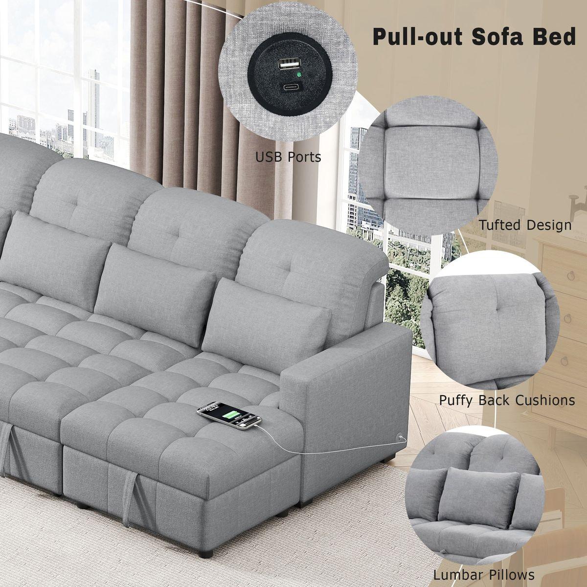 110.2' Oversized U-shaped Sofa Versatile Sectional Sofa Pull-out Sofa Bed with Double Storage Chaise Lounges and Two USB Ports for Living Room,Gray