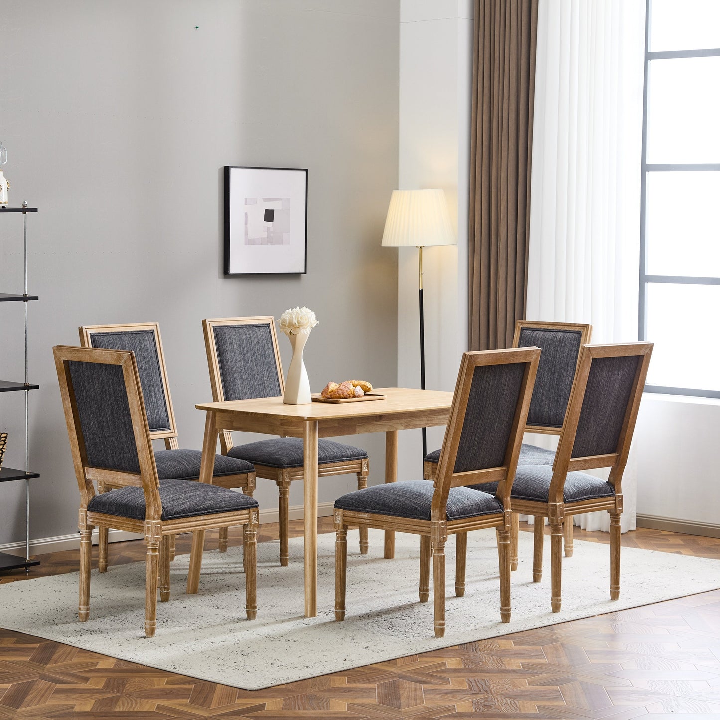 Vintage Inspired French Country Dining Chairs Set - Elegant Cane Backrest & Upholstered Seats - Rustic Weathered Finish - Solid Rubberwood Frame