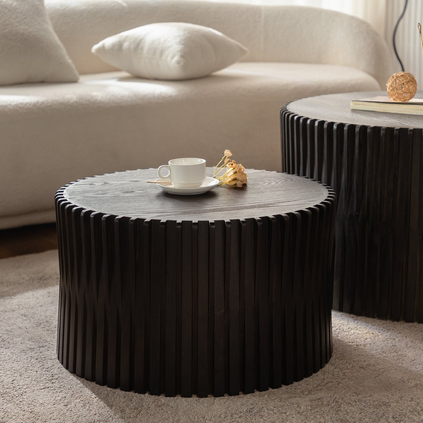 Vintage Fashion Style Cylindrical Nesting Coffee Table Set with Vertical Textured Embossed Design for Living Room, Office and Dining Room, Dark Brown (Set of 2)