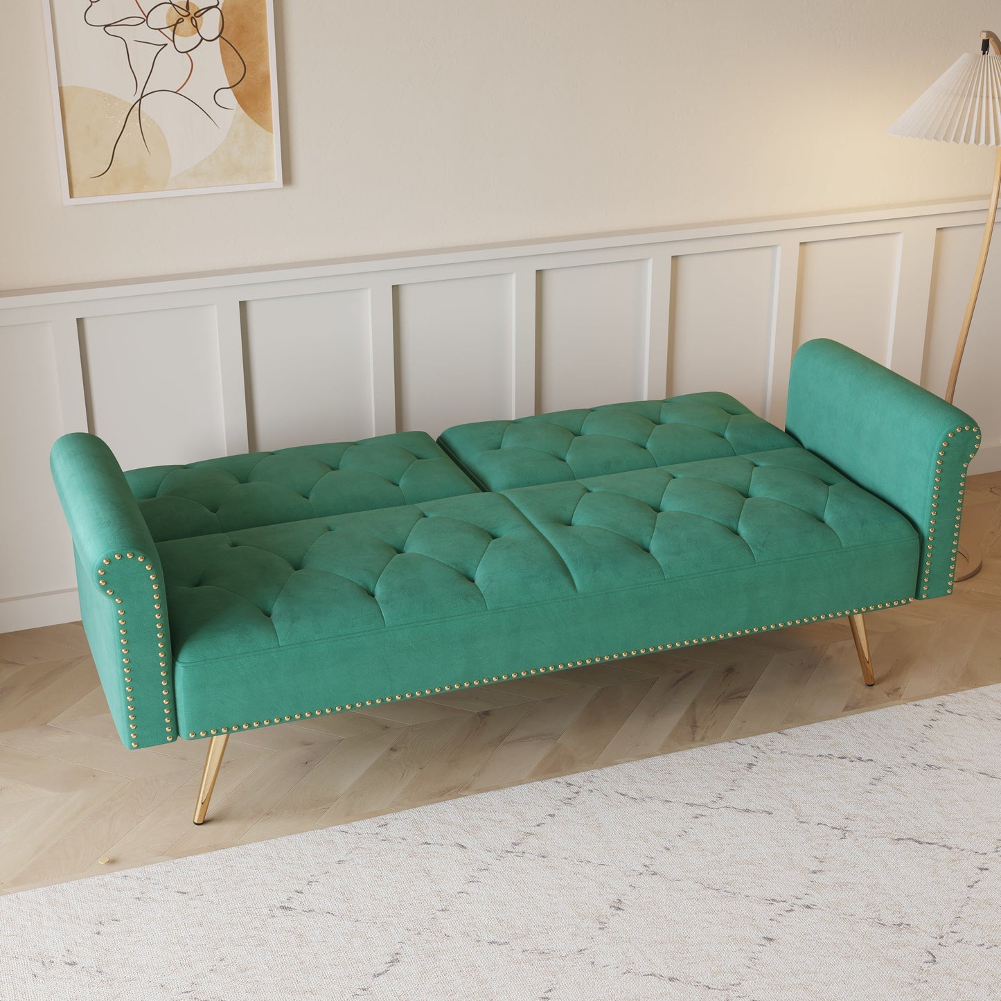 Velvet Sofa Bed with Nail Head Trim and Throw Pillow in Green, 69.7 Inches, Sponge Filling, Gold Metal Legs