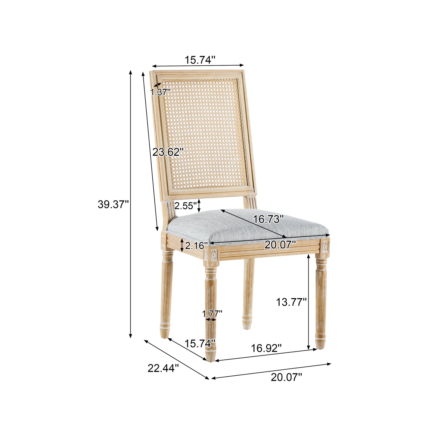 Vintage Inspired French Country Dining Chairs Set - Elegant Cane Backrest & Upholstered Seats - Rustic Weathered Finish - Solid Rubberwood Frame