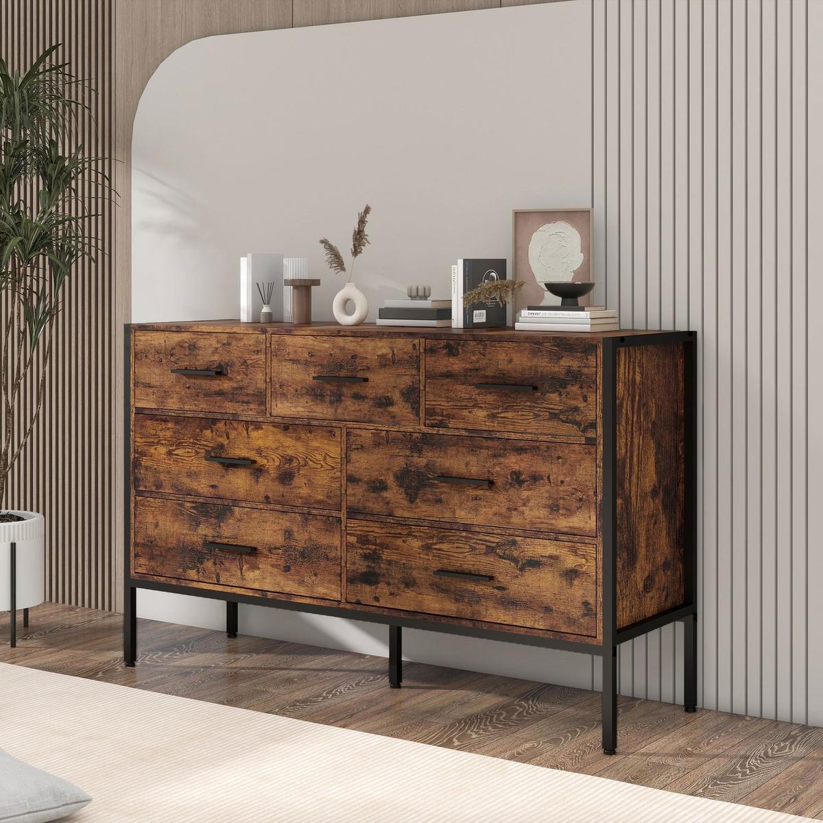 Wood Dresser with 7 Drawers, Wooden Storage Closet for Bedroom, Solid Clothes Cabinet with Sturdy Steel Frame, 48.58"Wx15.75"Dx31.22"H, 48 inch, Rustic Brown