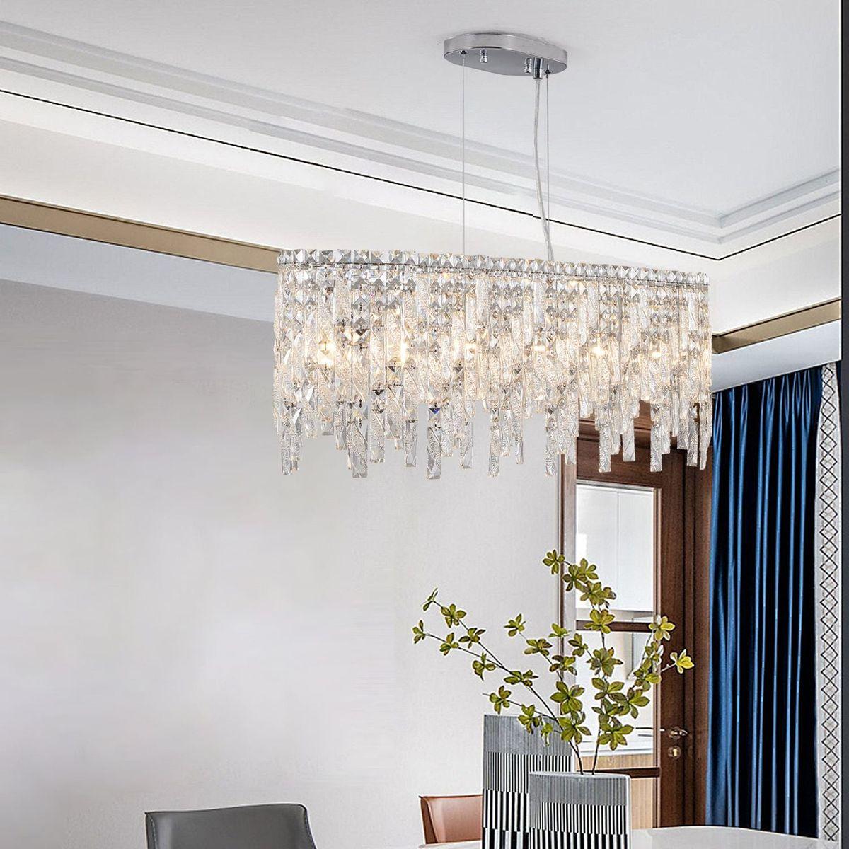 Silver Elegant Oval Crystal Chandelier, Modern Ceiling Light Fixture with Reflective Hanging Crystals for Dining Room, Living Room, and FoyerS (Bulbs Not Included)