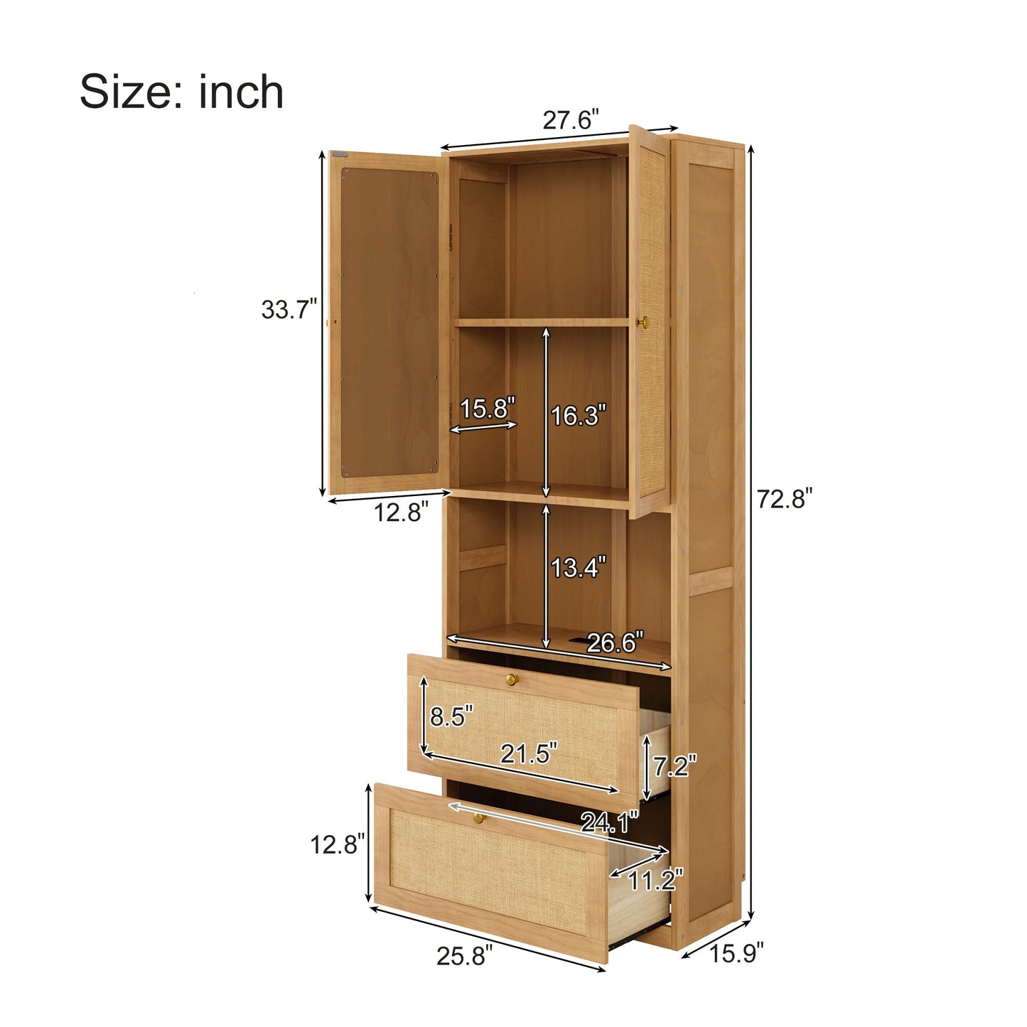 2 Doors Bookshelf with USB Port and 3 Drawers Side Cabinet Storage Shelves, Natural