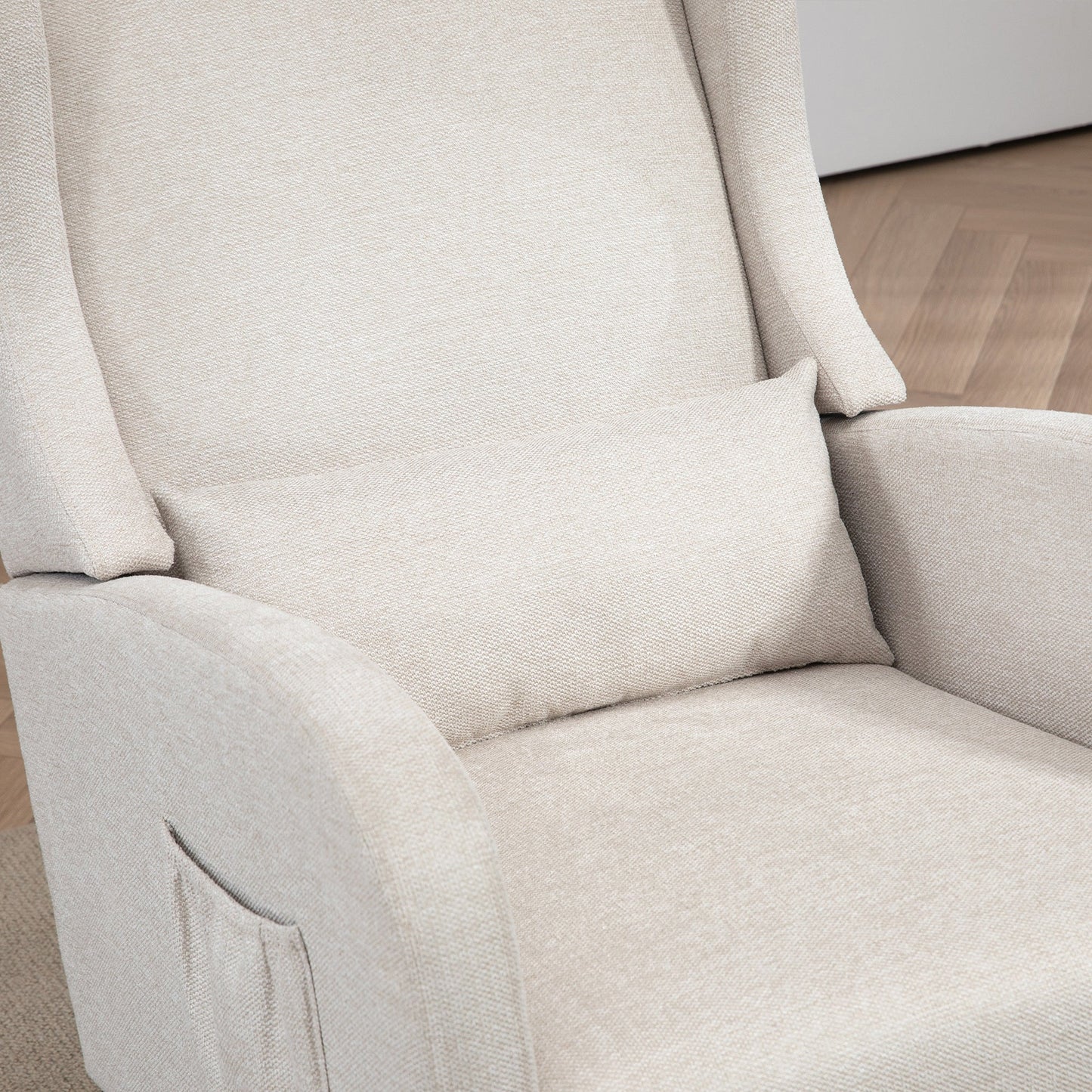 25.4'W Modern Rocking Chair for Nursery, Mid Century Accent Arm Rocker With Retractable Footrest, Side Pocket, Comfy Upholstered Wingback Wooden Glider Chair for Living Room Baby Kids Room. Beige