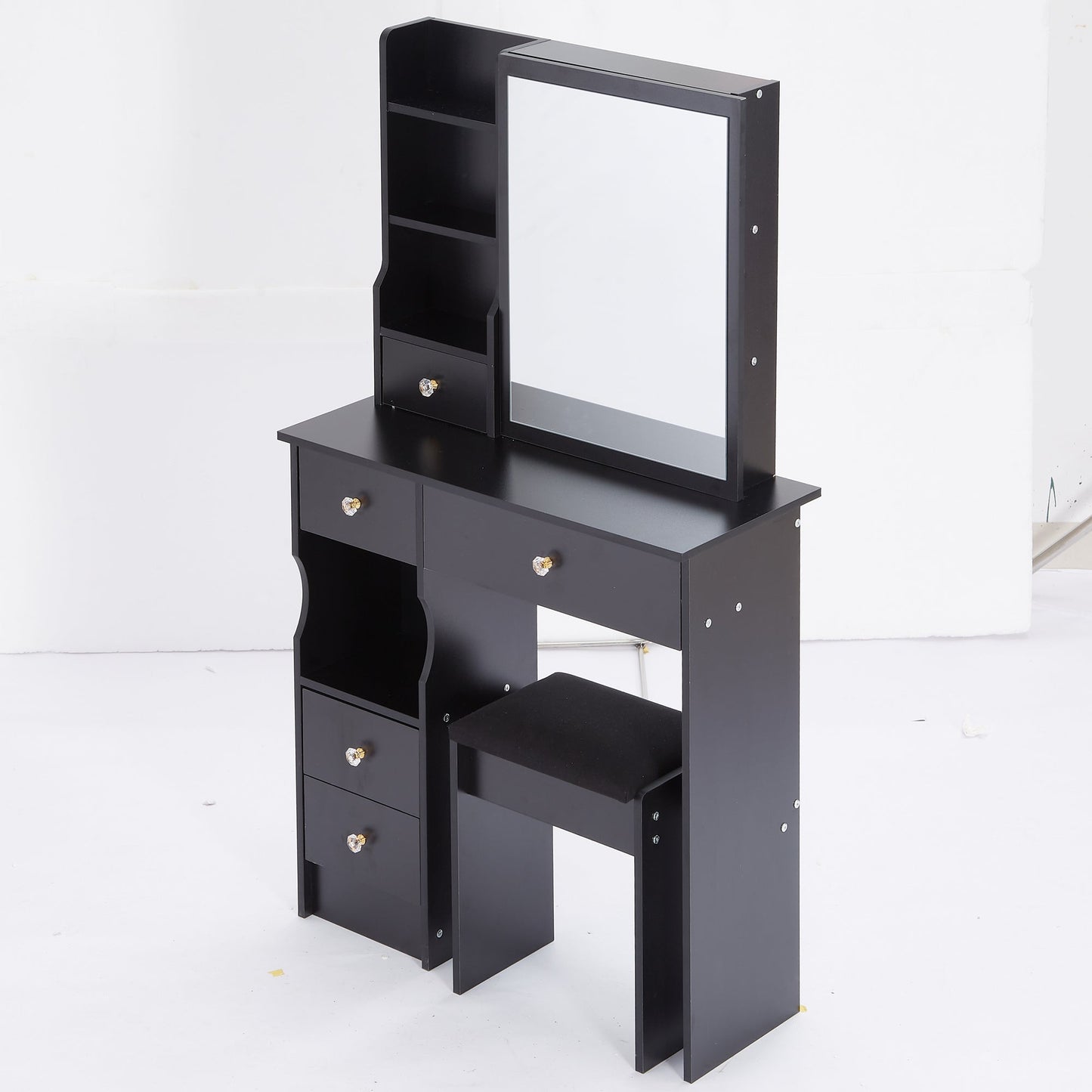29.2' Small Size Left Drawer Desktop Vanity Table + Cushioned Stool, Extra Large Right sliding mirror, Multi Layer High Capacity Storage, Practical Fashionable Dresser, Suitable For Small Space