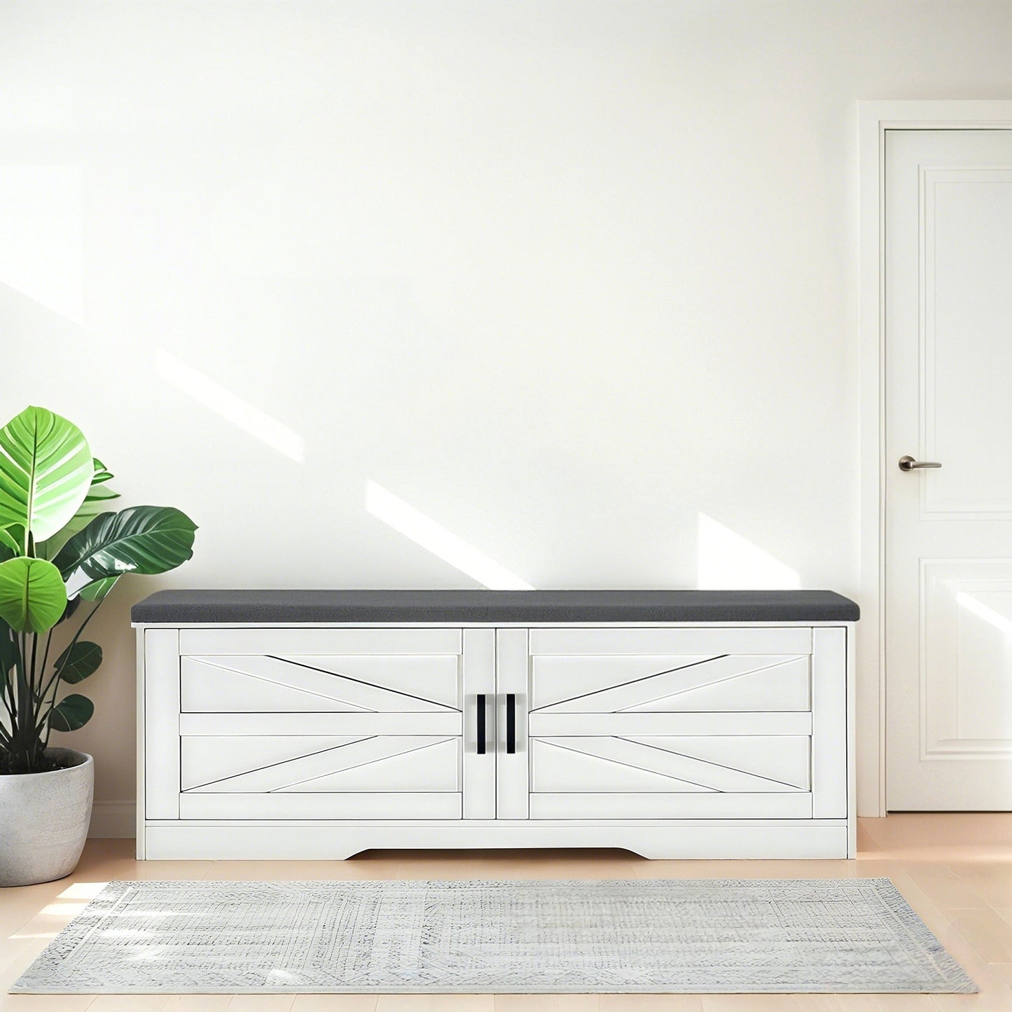2 Tier Shoe Bench with Padded Seat, 2 Barn Doors and Adjustable Shelves, for Entryway and Living Room, White MDF