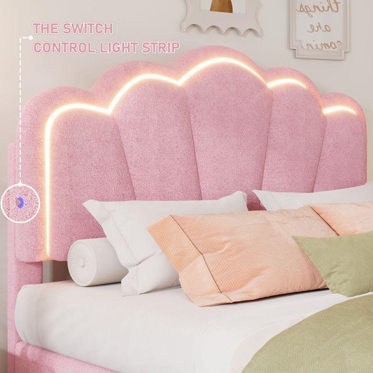 2-Pieces Bedroom Sets Twin Size Flower-Shaped Upholstered LED Platform Bed with Storage Ottoman-Sherpa Fabric, Pink