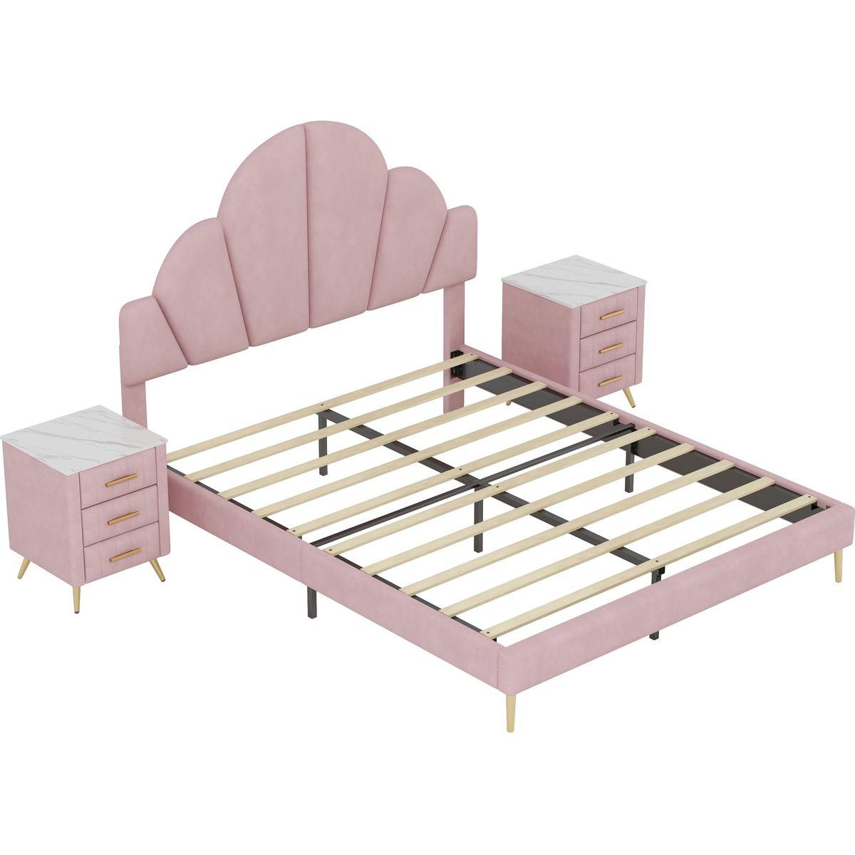 3 Pieces Bedroom Sets, Queen Size Modern Velvet Upholstered Bed Frame with Petal Shape Headboard, 3 Drawers Nightstands, Pink