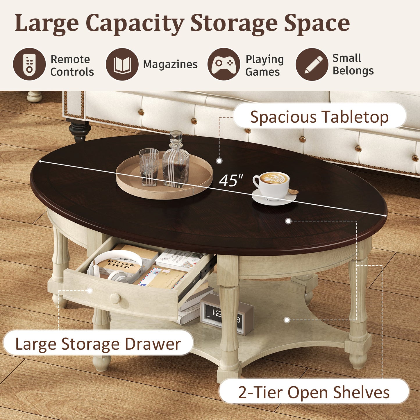 Vintage Oval Coffee Table with Drawer and Storage Shelf, Antique Cocktail Table in 45', French Country Accent Table for Living Room,Beige and Espresso
