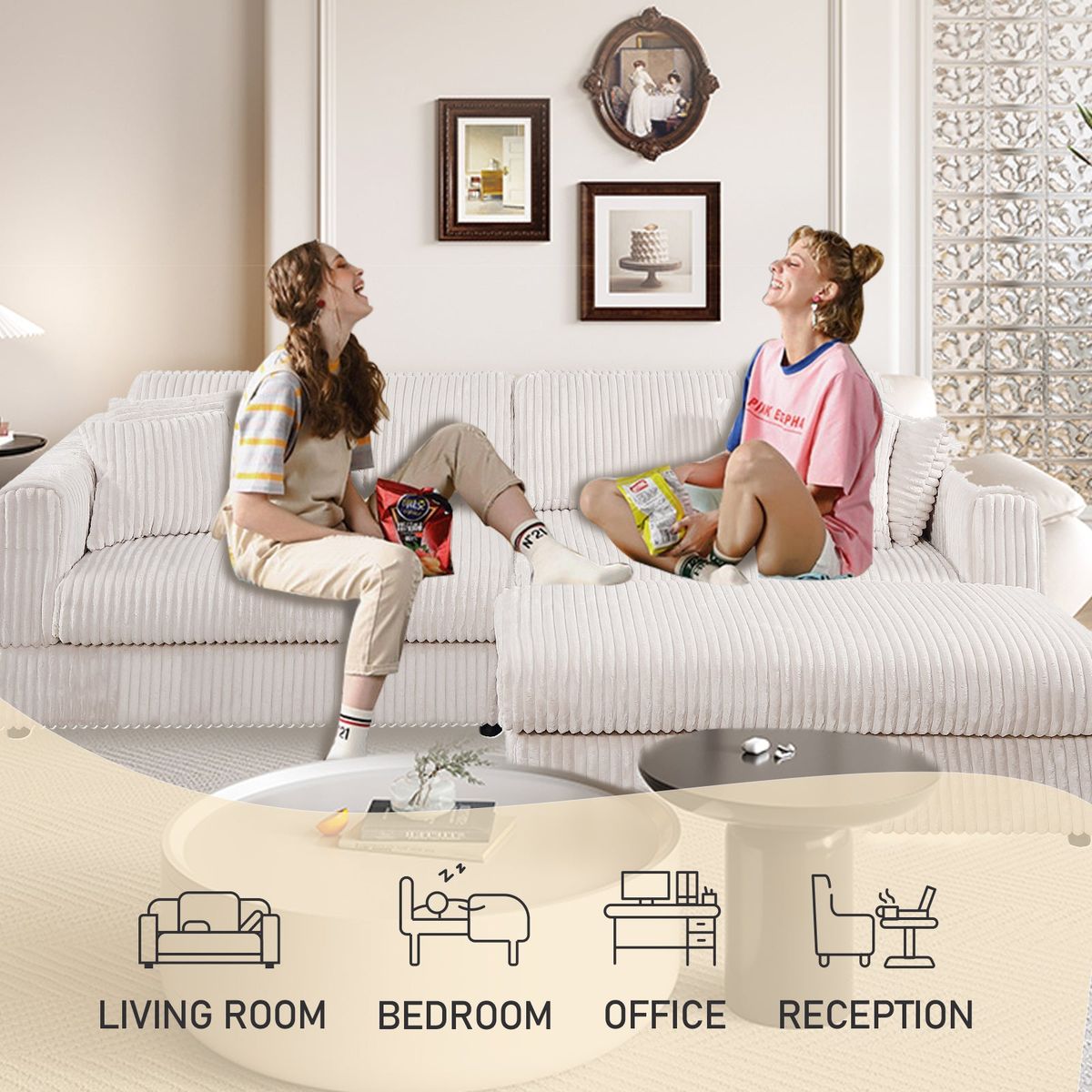 105' Oversized Sectional Sofa Cloud Couch for Living Room, Modern stripe L Shaped Couch, Comfy Boucle Modular Sofa Sleeper with Moveable Ottoman WIth/6 Pillow(WHITE)