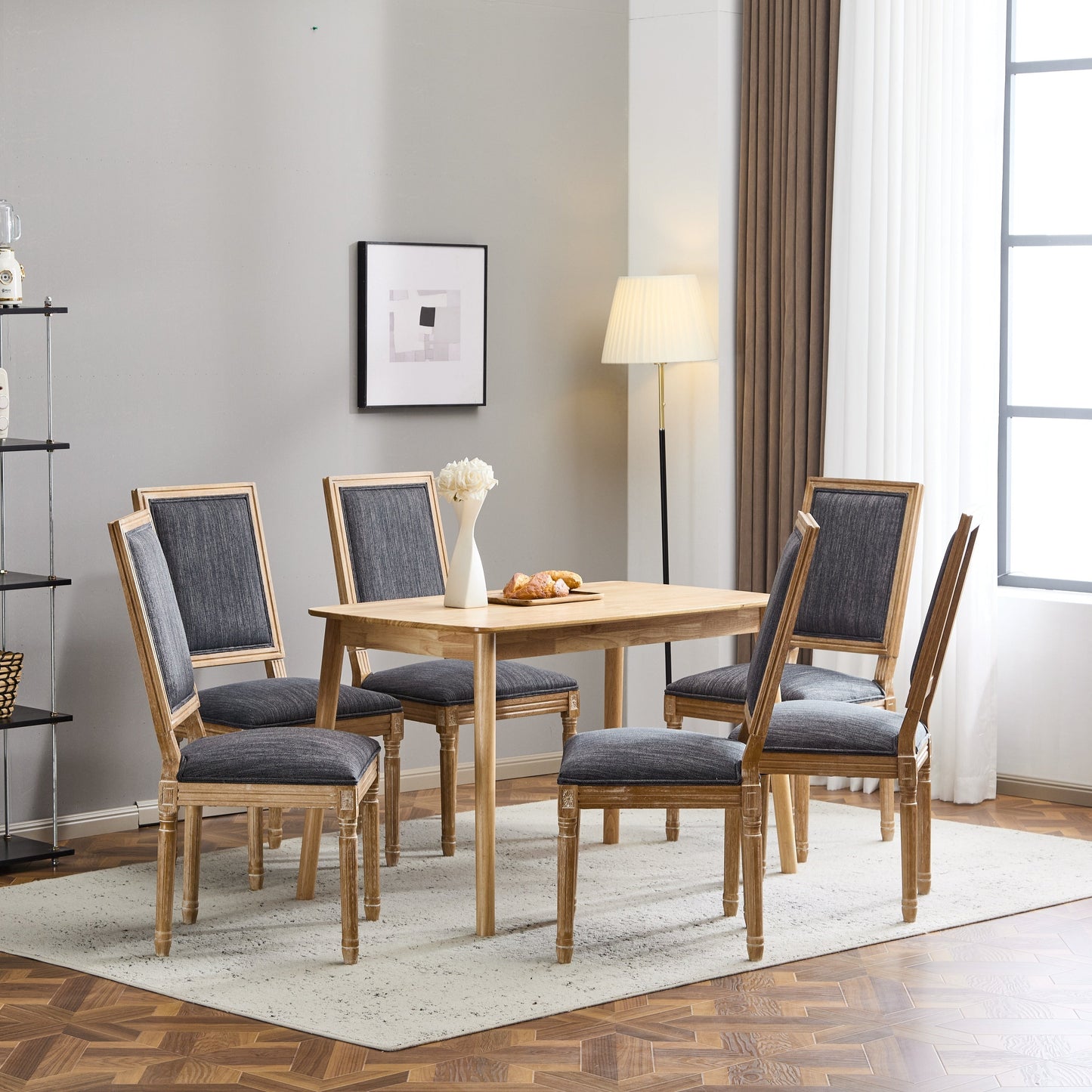 Vintage Inspired French Country Dining Chairs Set - Elegant Cane Backrest & Upholstered Seats - Rustic Weathered Finish - Solid Rubberwood Frame